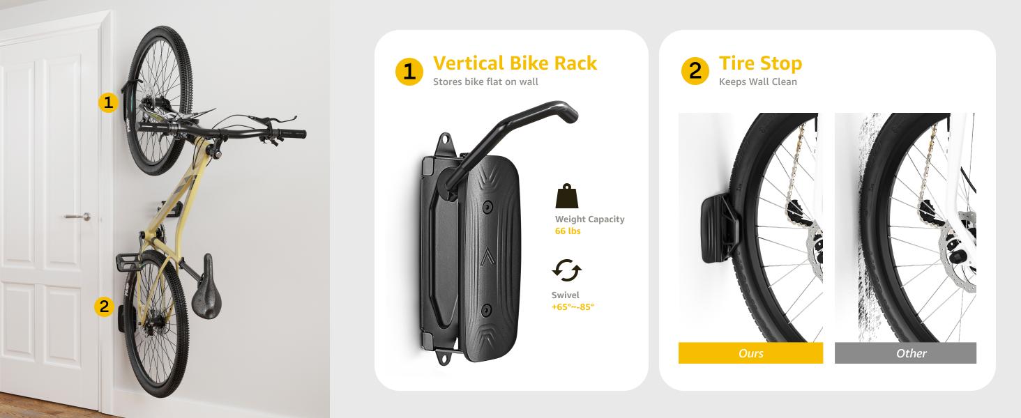 MonTek Swivel Bike Wall Mount, Bike Hangers for Garage, Space-Saving Vertical Bike Rack, Sturdy Bike Storage Rack Holds Up to 66lbs, Easy to Install, Black