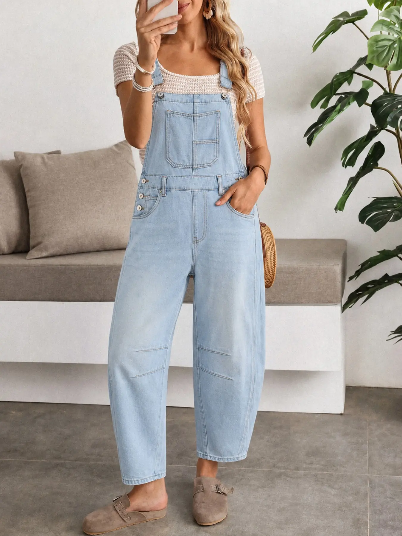 Women's Casual Drawstring Pants, Loose-Fitting Denim Overalls, Plain Surface, Long/regular Length, All Seasons, Unlined, No Elastic