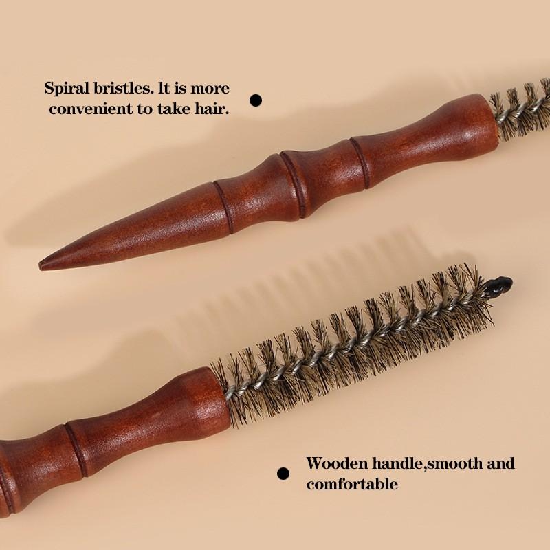 Mini Boar Bristle Round Brush for Short Hair,-0.78-0.70-0.62 Inch Diameter Small Round Barrel Brush for Blow Drying Anti Static Quiff Mini Comb with Wooden Handle for Blow Drying Straightening Curling Wet Thin or Short Hair