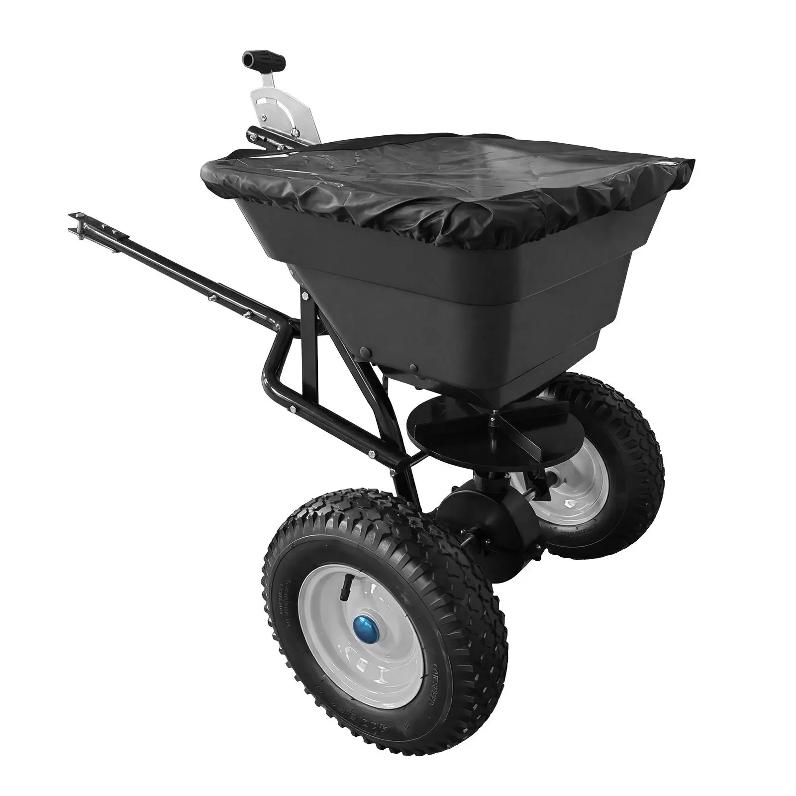 Tow Behind Broadcast Spreader for ATV Lawn Tractor Towable Grass Seed Fertilizer Ice Melt Spreader Heavy Duty Garden Tow Seeder with Universal Hitch Control