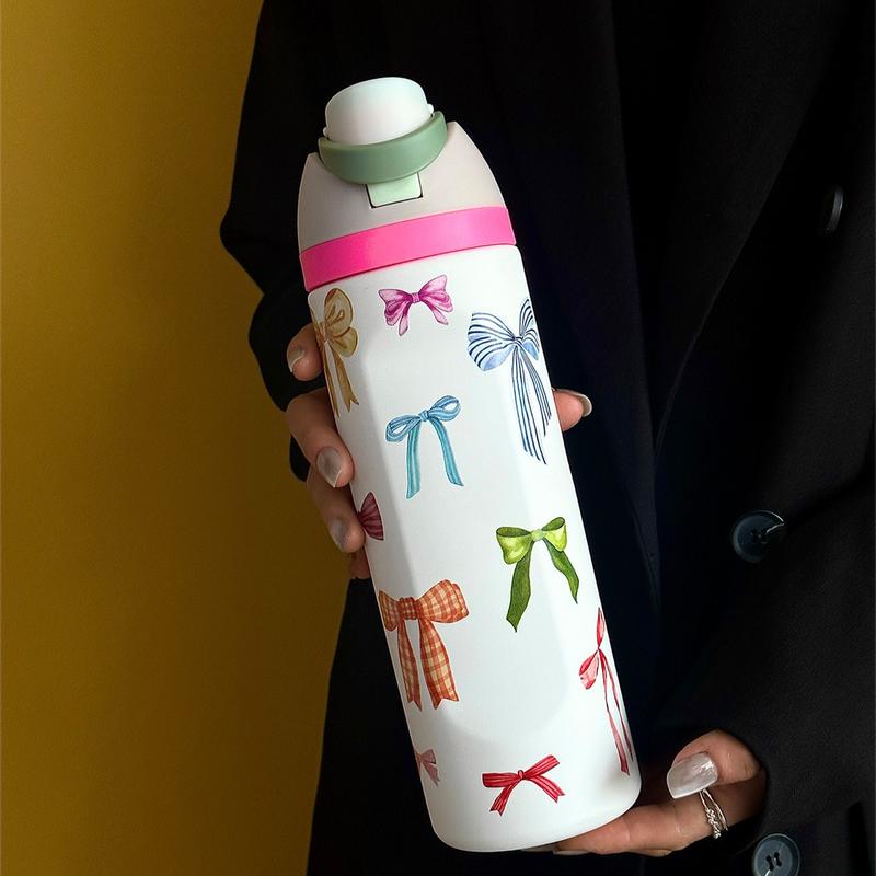 Bow Pattern Stainless Steel Vacuum Flask, Leakproof Insulated Tumbler, 1 Count Portable Insulated Water Bottle with Straw, Drinking Cup for Home Office School Outdoor Camping, Drinkware