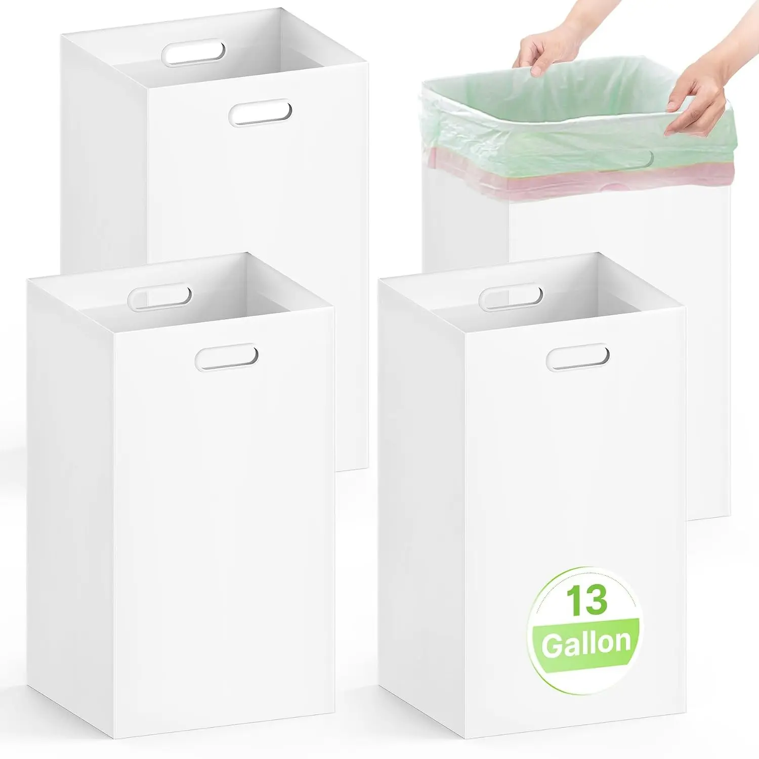 4 Pack 13 Gallon Disposable Collapsible Trash Cans with Handle, Thick Recycled Cardboard Garbage Bins for Party Events Camping, White (13.5" L x 10.0" W x 21.7" H)