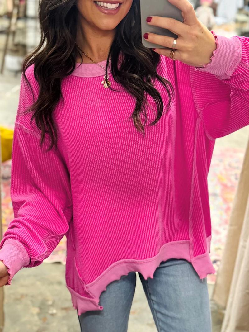 Spring & Fall Casual Women's Solid Color Twisted Ribbed Asymmetrical Hem Loose Drop Shoulder Long Sleeve Knit Top