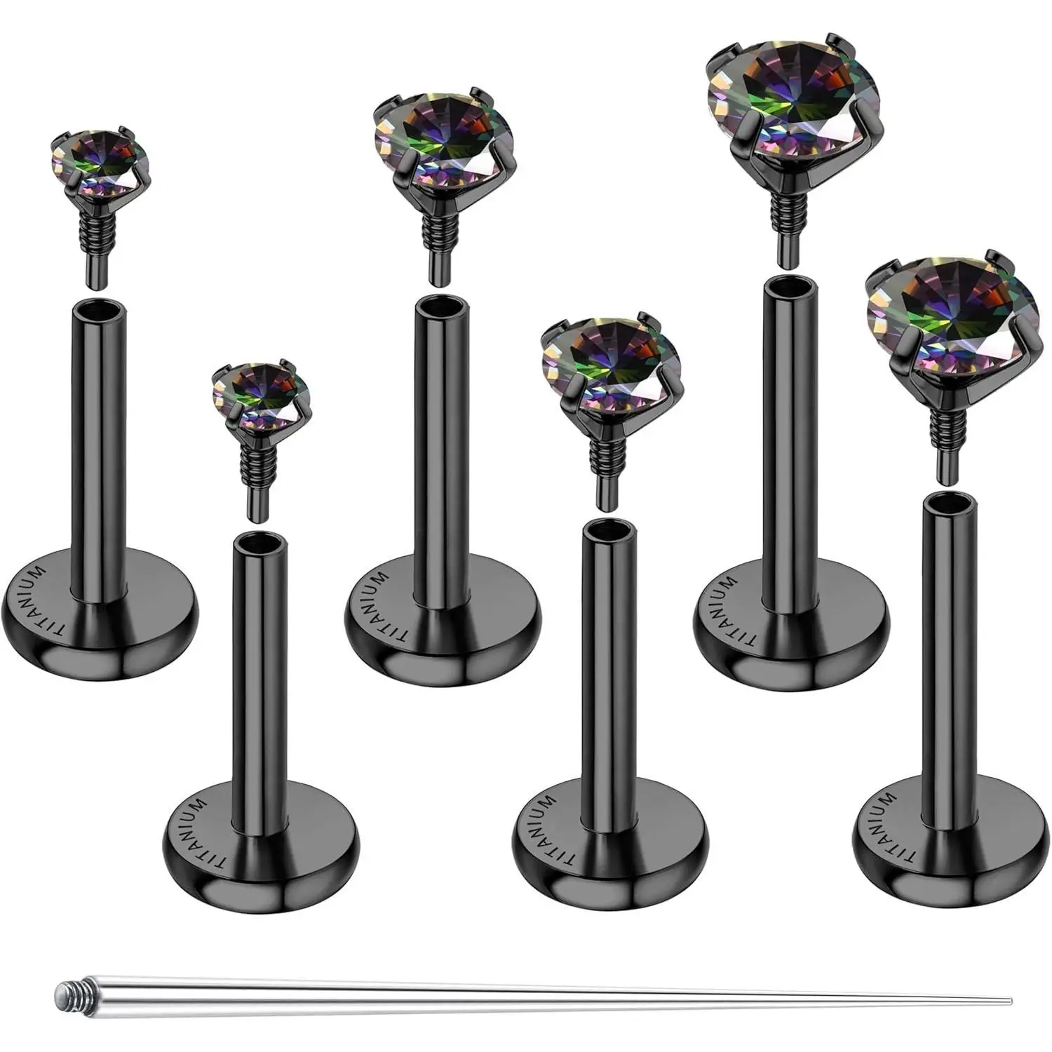 CASSIECA 3 Pairs G23 Titanium Flat Back Earrings Hypoallergenic 14K Plated Gold Filled Internal Thread Stud Earring 16G 18G Cartilage Helix Tragus Conch Piercing Jewelry Nose Lip Labret Studs for Women Men Flatback Post, Cubic Zirconia Sohochic