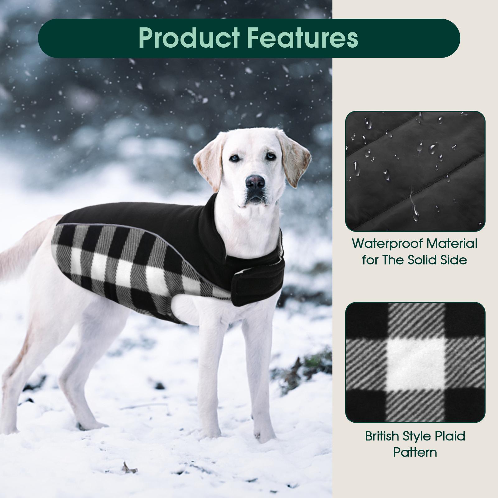 Kuoser Reversible Dog Coat, Warm Waterproof Dog Jacket, British Style Plaid Dog Winter Coats, Puppy Cold Weather Vest Windproof Outdoor Clothes Dog Snow Jackets for Small Medium Large Dogs