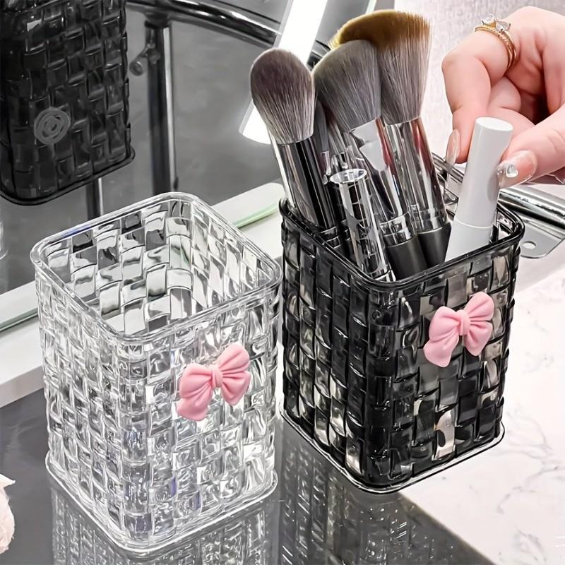 Transparent acrylic makeup brush holder + bow tie, creative makeup storage bucket, lipstick and pen organizer box, desktop decorative cosmetics storage box, Cosmetic Organizers, Clear Storage, Container Organizer