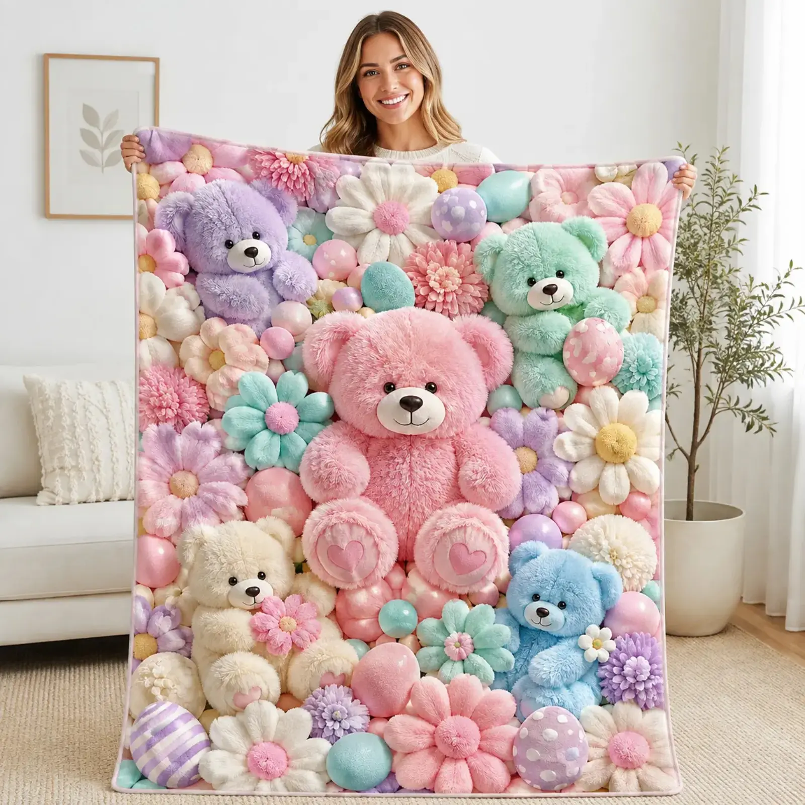 Teddy Bear Floral Flannel Throw Blanket - Classic 2D Flat Cute Colorful Bear Flower Aesthetic Print, Ultra Soft Lightweight Cozy Blanket for Living Rooms Sofa, Indoor/Outdoor Travel Use, Birthday Gift