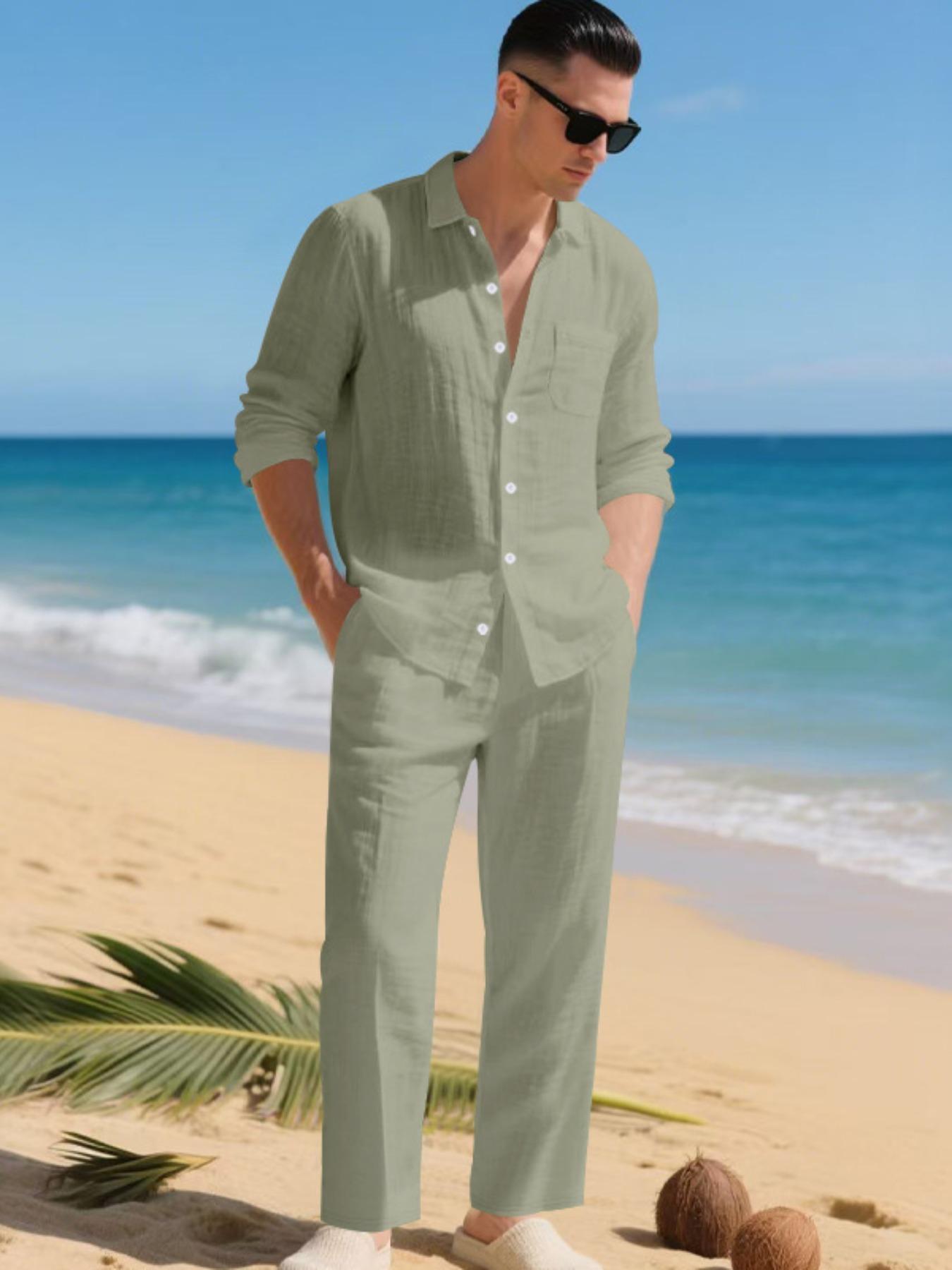 Men's Summer Linen Shirt & Pants Set, Casual Long Sleeve Beachwear, Comfortable Fashion Clothing for Vacation