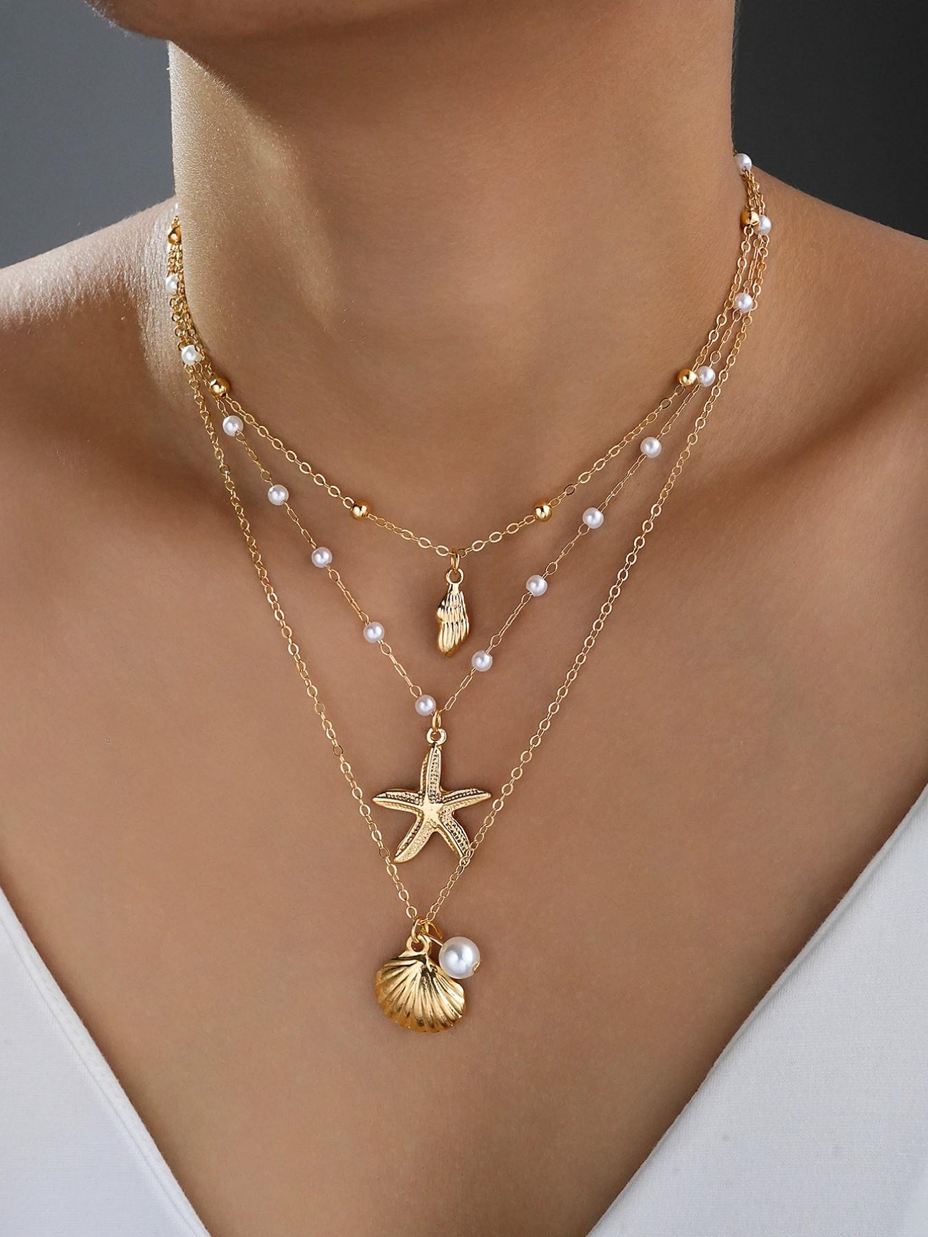 3-Piece Women's Fashion Pendant Necklace Set, Luxurious Boho Style, Pearl Star Design, Perfect for Daily Wear, Parties, Gifts