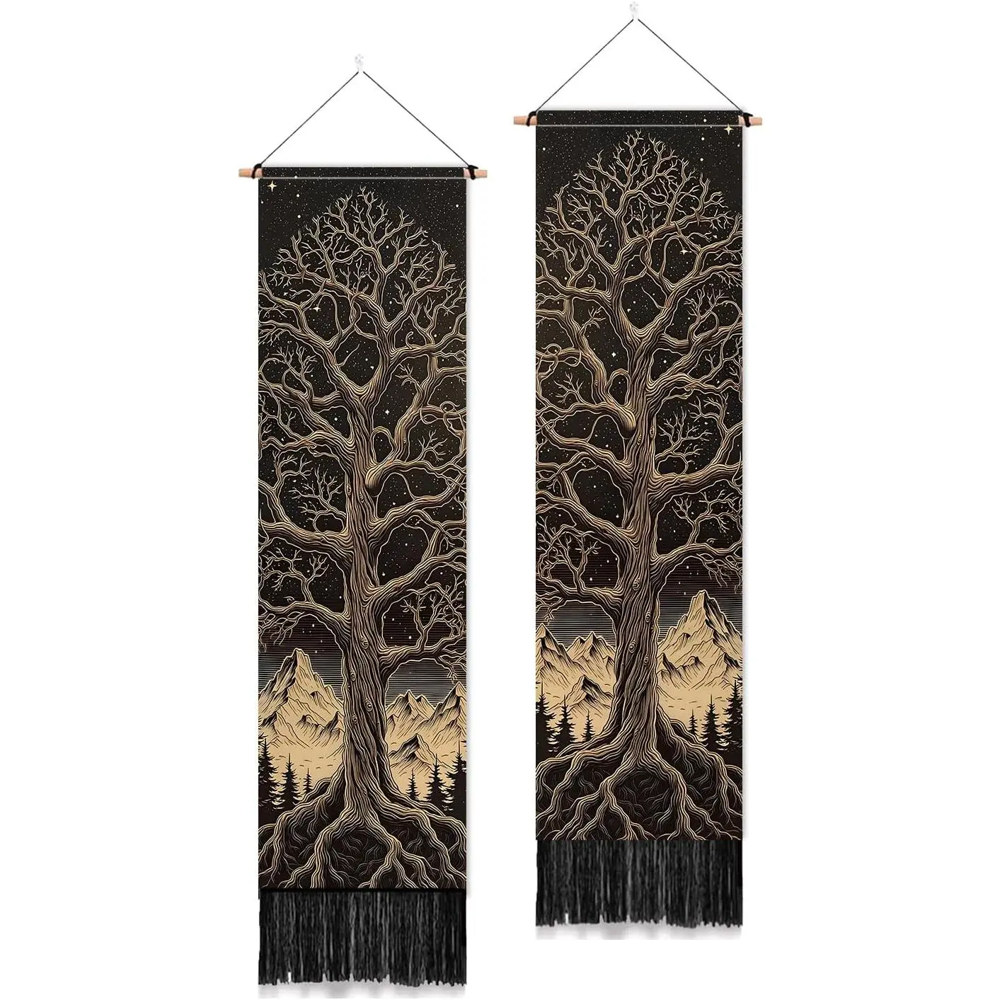 PLIGREAT 2 Pack Tree of Life Long Tapestry, Mystic Forest Wall Vertical Tapestry with Tassels Narrow Wall Hanging for Bedroom Living Room Bathroom Home Porch Hallway Art Decor