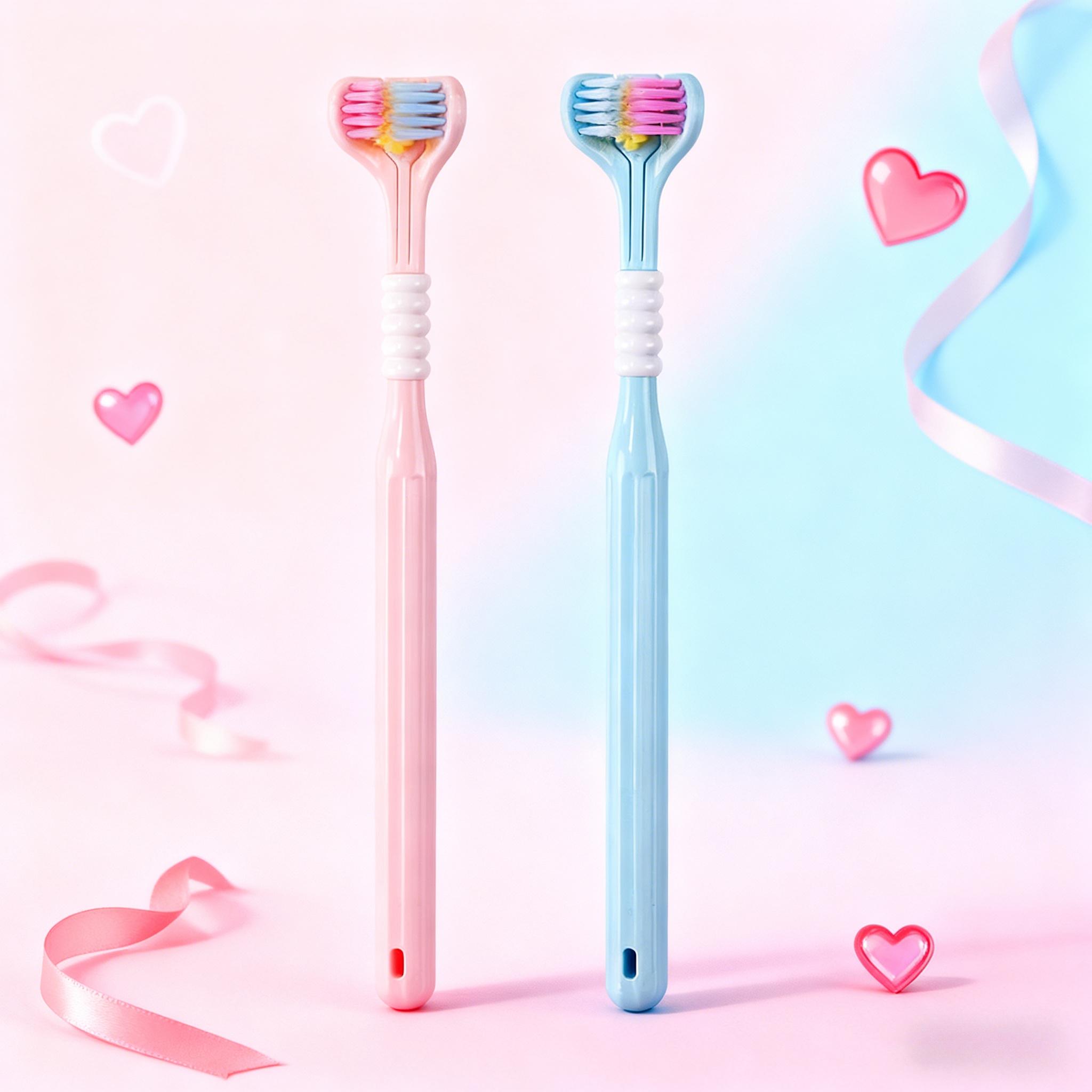 Couple's 3D Multi-Angle Toothbrush Set, Romantic Design, Deep Plaque Clean, Teeth Plaque Remover, Fresh Breath, Tongue Scraper, Gentle Bristles, Soft Toothbrush, Multiple Colors