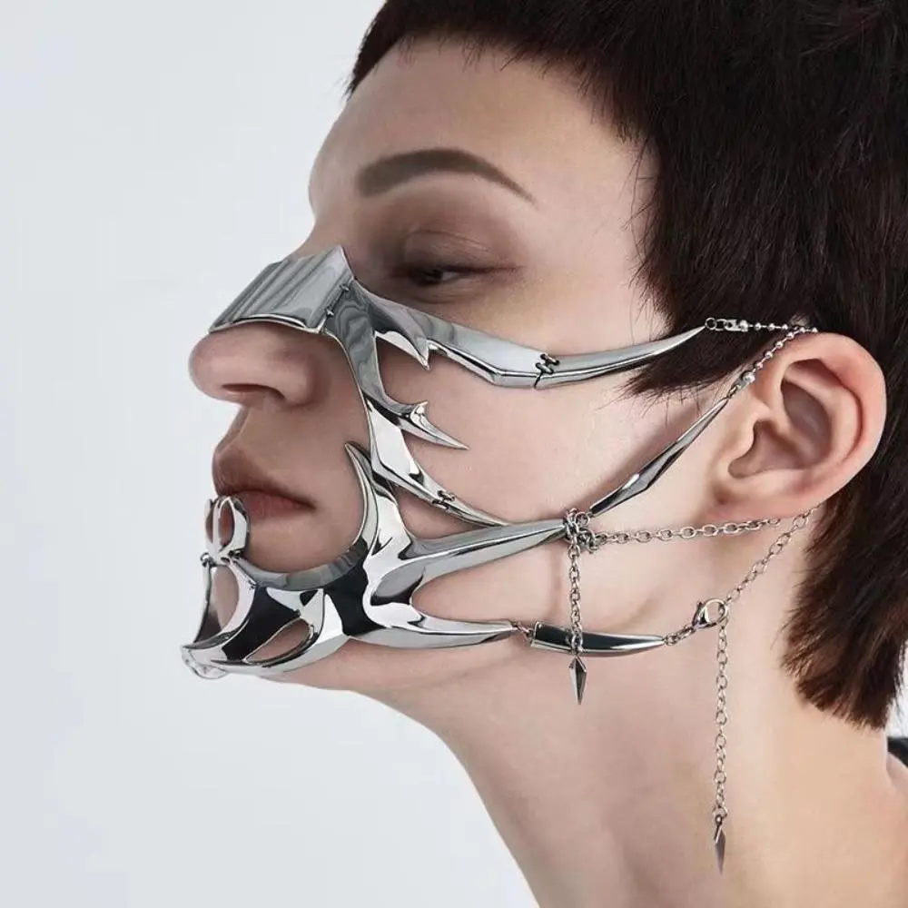 Unisex Cyberpunk Metal Half-Face Mask - Asymmetrical Mechanical Futuristic Design, Lightweight Adjustable Size, Metal Finish Stylish Accessory for Sports, Themed Events (DIY Bag Accessory), Accessories