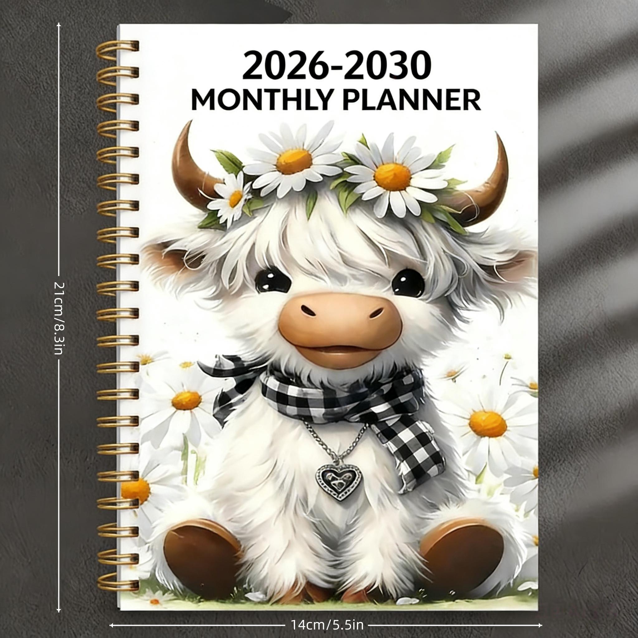 2026-2030 Monthly Planner/Calendar - January 2026 to December 2030, 5-Year Monthly Planner, White Cartoon Highland Cow Cover Design Notebook, Yearly Calendar Planning, Monthly Tabs, 60-Month Calendar, 5.5 x 8.3 inches, Thick Paper, Elastic Cover, Durable