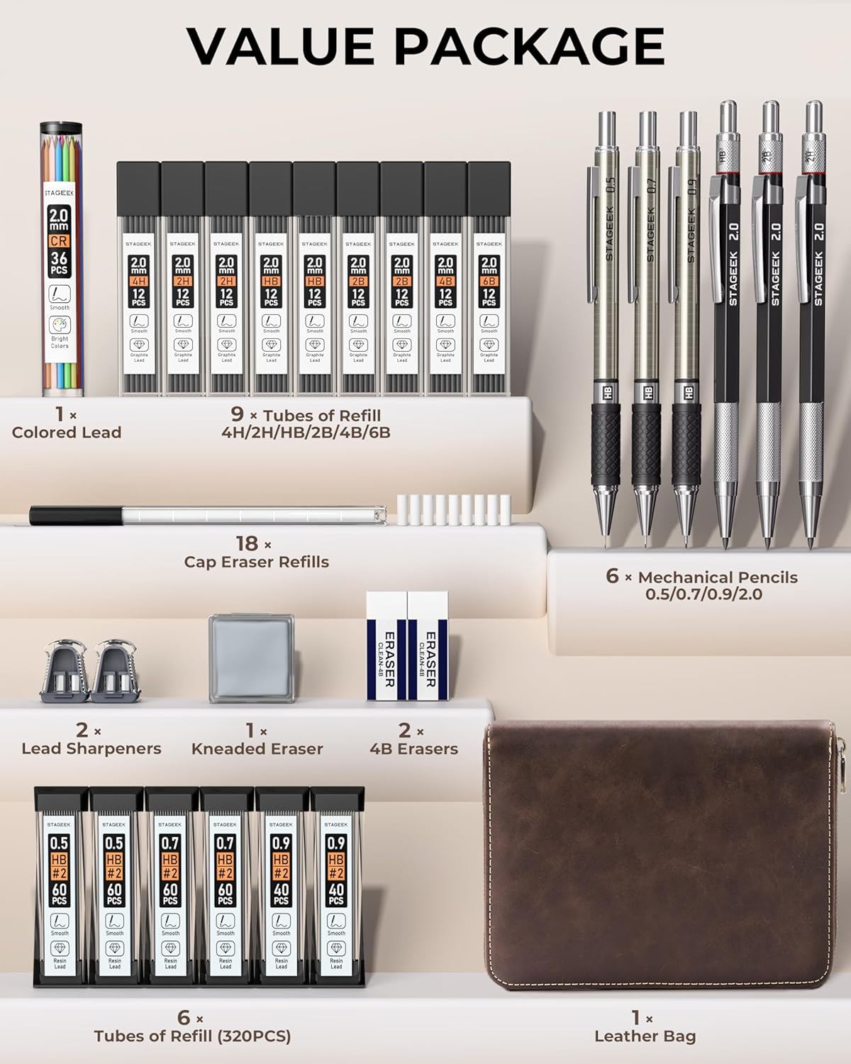 【Hot Selling Gift】30PCS Art Mechanical Pencil Set with Leather Bag, Metal Artist Lead Pencil 0.5, 0.7, 0.9 mm, 2mm Lead Holders (4H 2H HB 2B 4B 6B Color) with 464PCS Graphite Lead Refills for Drawing Sketching, Perfect Christmas & New Year Gift Idea