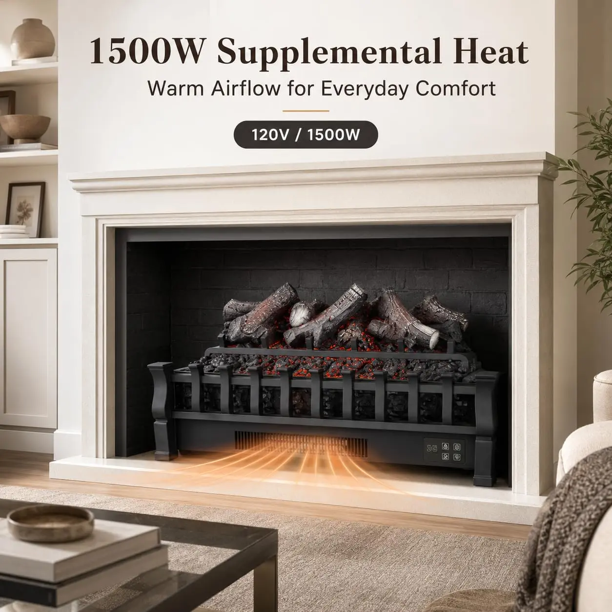 26" Electric Fireplace Logs Insert, 1500W Log Set Heater - LED Flame (Single Color), 3 Brightness Levels, Remote Control - Lemon Wood Style Faux Logs, 120V, Black