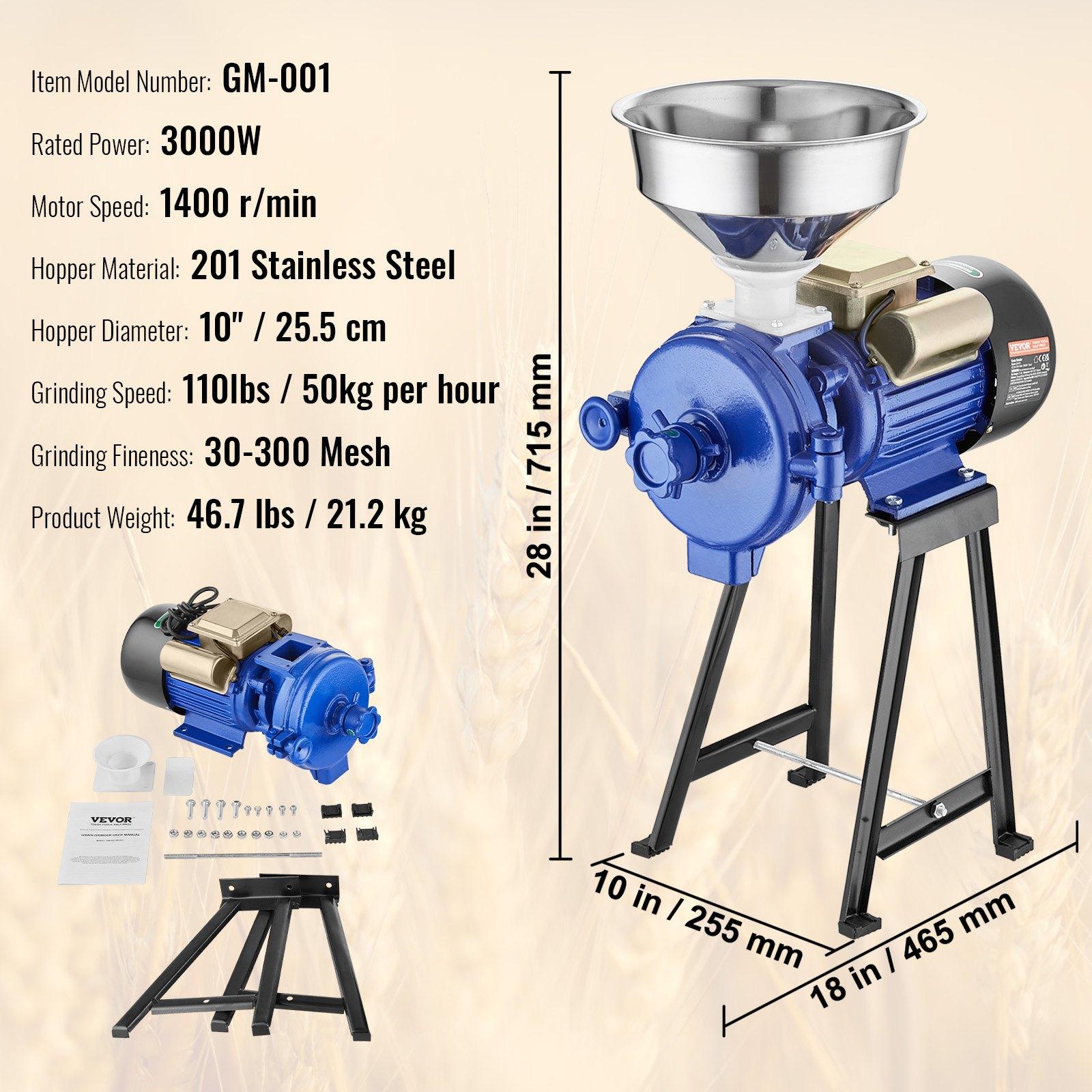 VEVOR Electric Grain Mill Grinder, 3000W Spice Grinders, Commercial Corn Mill with Funnel, Thickness Adjustable Powder Machine, Heavy Duty Feed Flour Cereal Mill Wheat Grinders, Dry Grinder