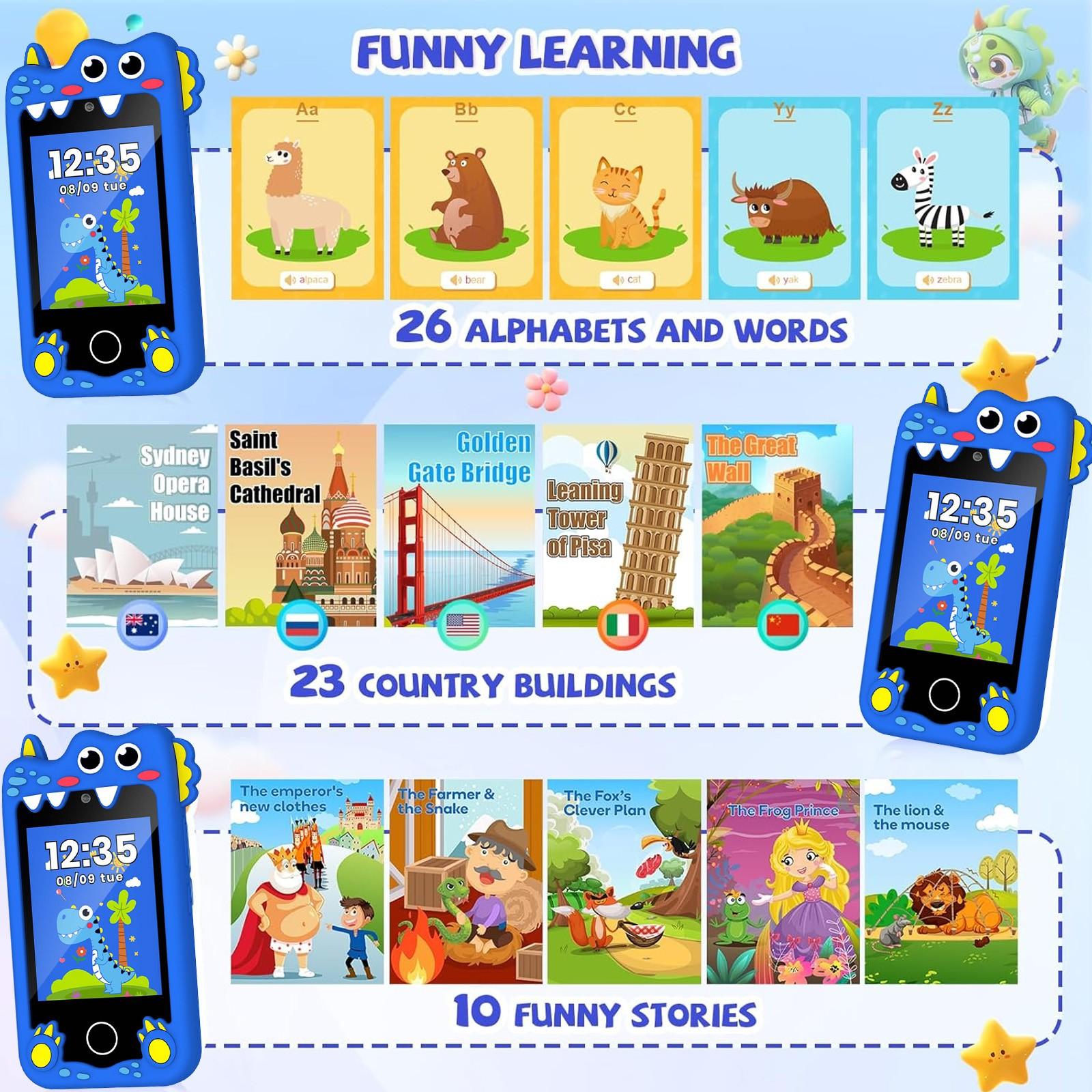 Children Music Phone with Audio Player Voice Recorder Story Learning ABC National Buildings Habits Flashlight