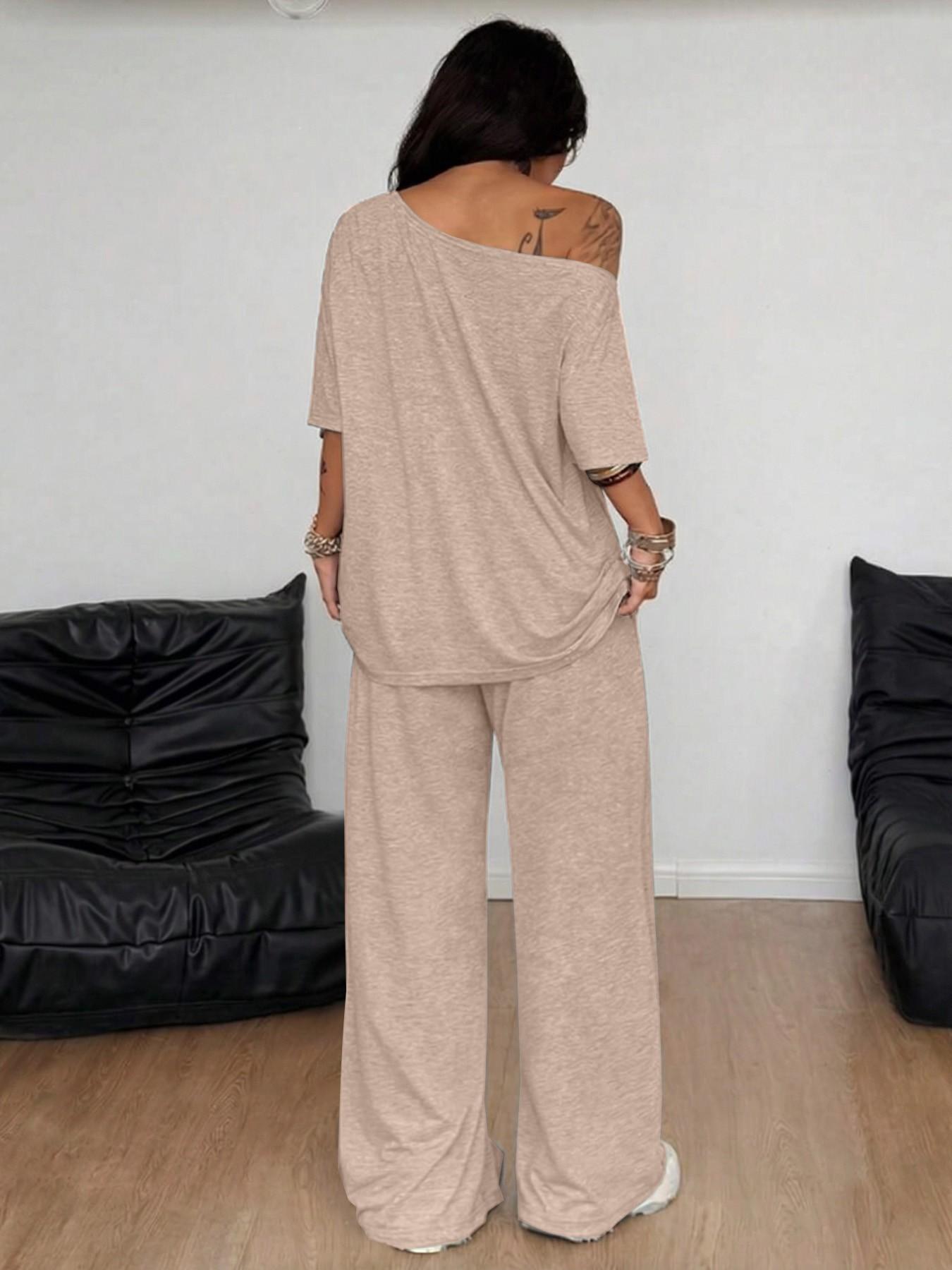 Women's Solid Color Matching Two-Piece Set, Asymmetrical Neckline Top & Drawstring High Waist Wide-Leg Pants, Adjustable Basic Casual Everyday Loungewear