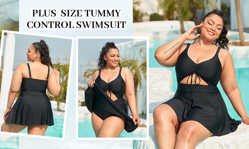 Yonique Women's Plus Size One Piece Swimsuits with Skirt, V-Neck Swimdress with Built-in Bottom, Vintage Cutout Bathing Suit for Plus Size Women, Ideal Holiday Gift for Mom, Wife, Girlfriend