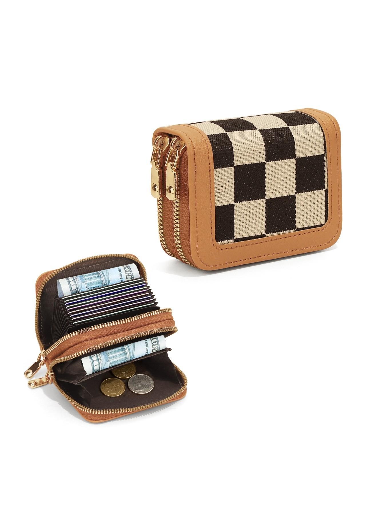 Checkered Color Block Women's Wallet, Large Capacity, High-End Two-Fold Multi-Card Slot, Coin Purse, Fashionable Ladies' Accessory