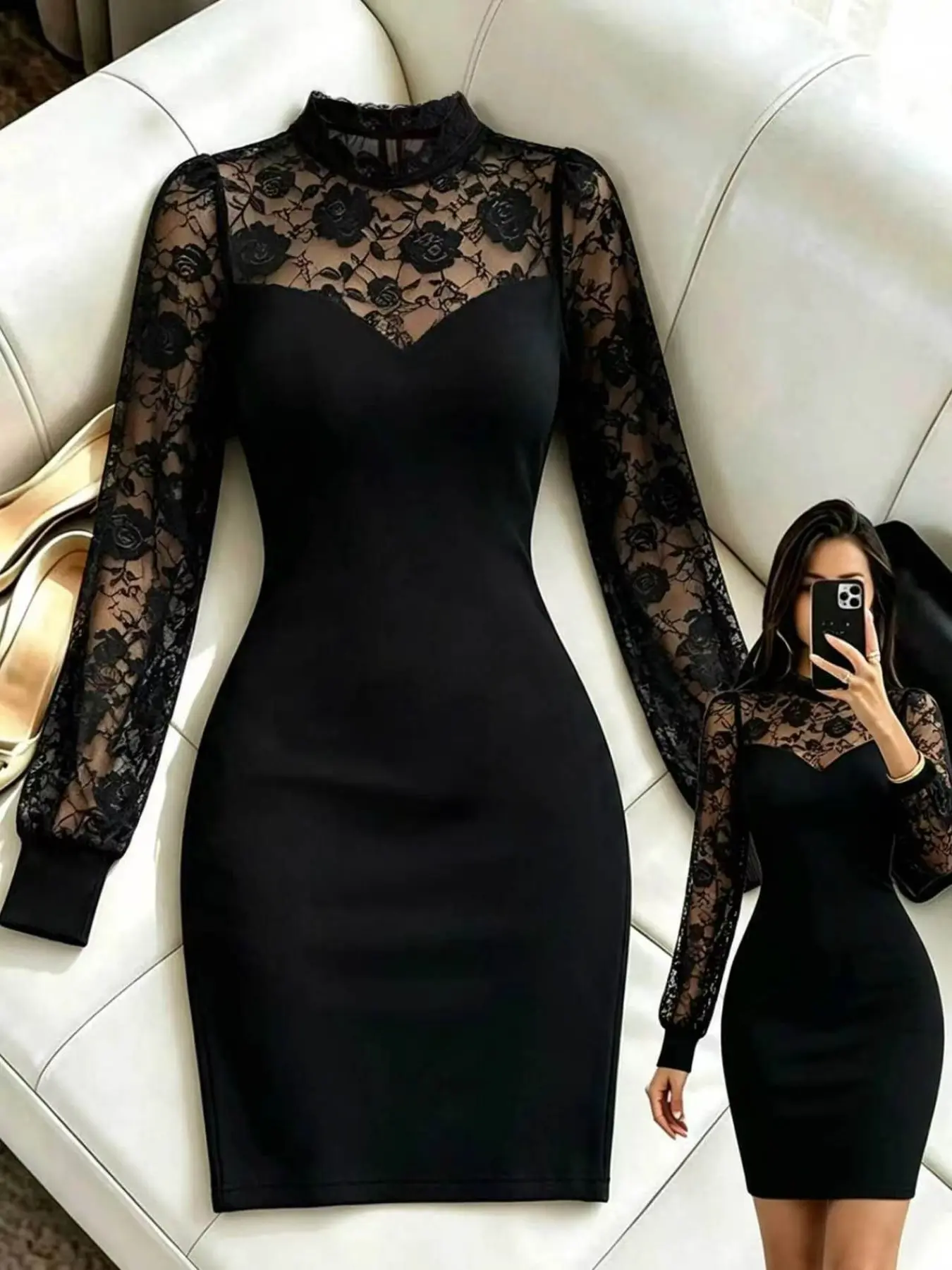 Elegant Bodycon Dress, Lace Patchwork Design, Sexy Casual Style, Perfect for Office, Daily Wear, Parties, Women's Fashion