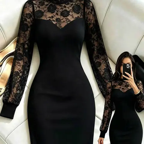 Elegant Dress, Lace Patchwork Design, Sexy Casual Style, Perfect for Office, Daily Wear, Parties, Women's Fashion