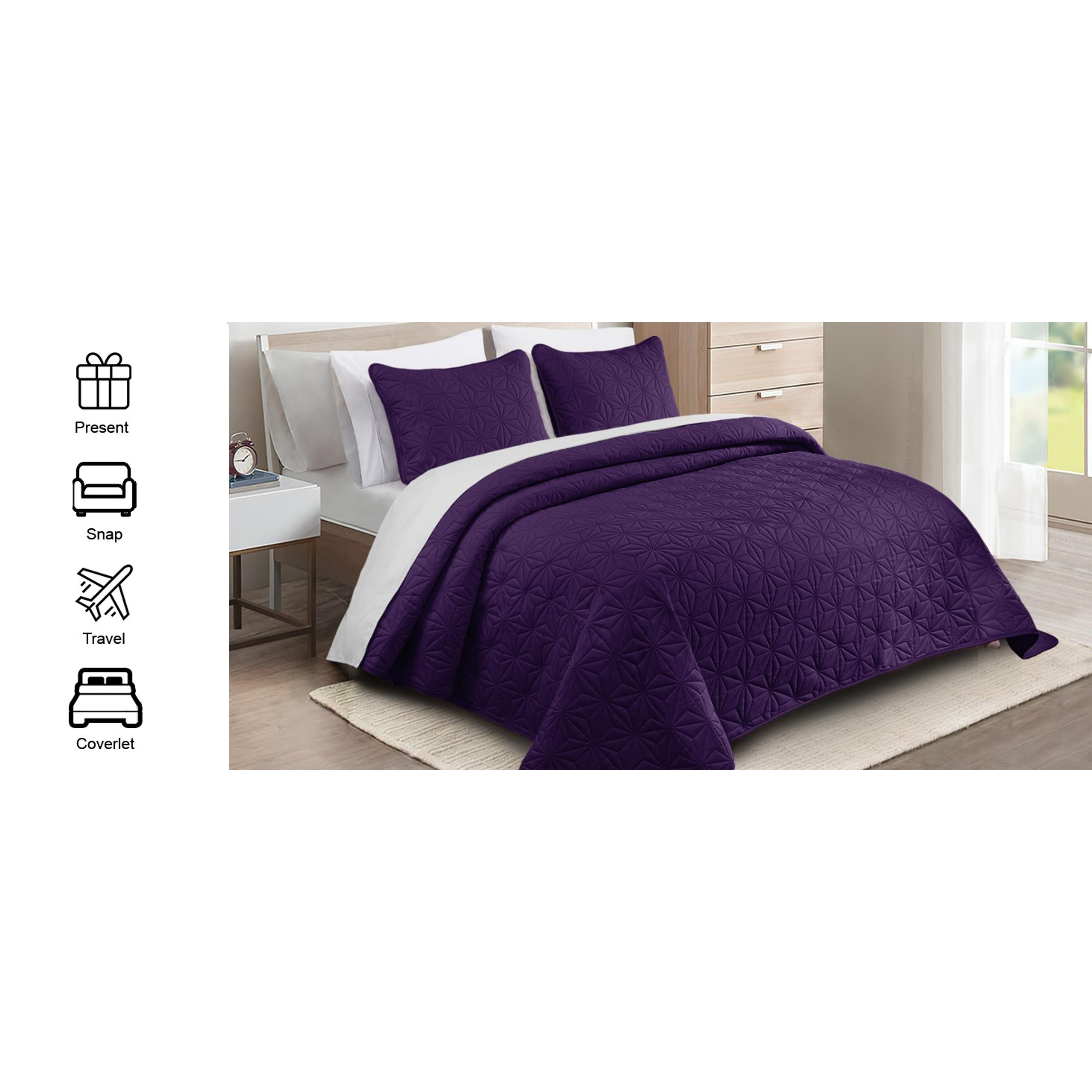 Soft Queen Quilt Bedding Set 3-Pieces Lightweight Bedspread | Purple microfiber breathable all season quilts for bed, reversible coverlet with 2 pillow shames, modern geometric pattern