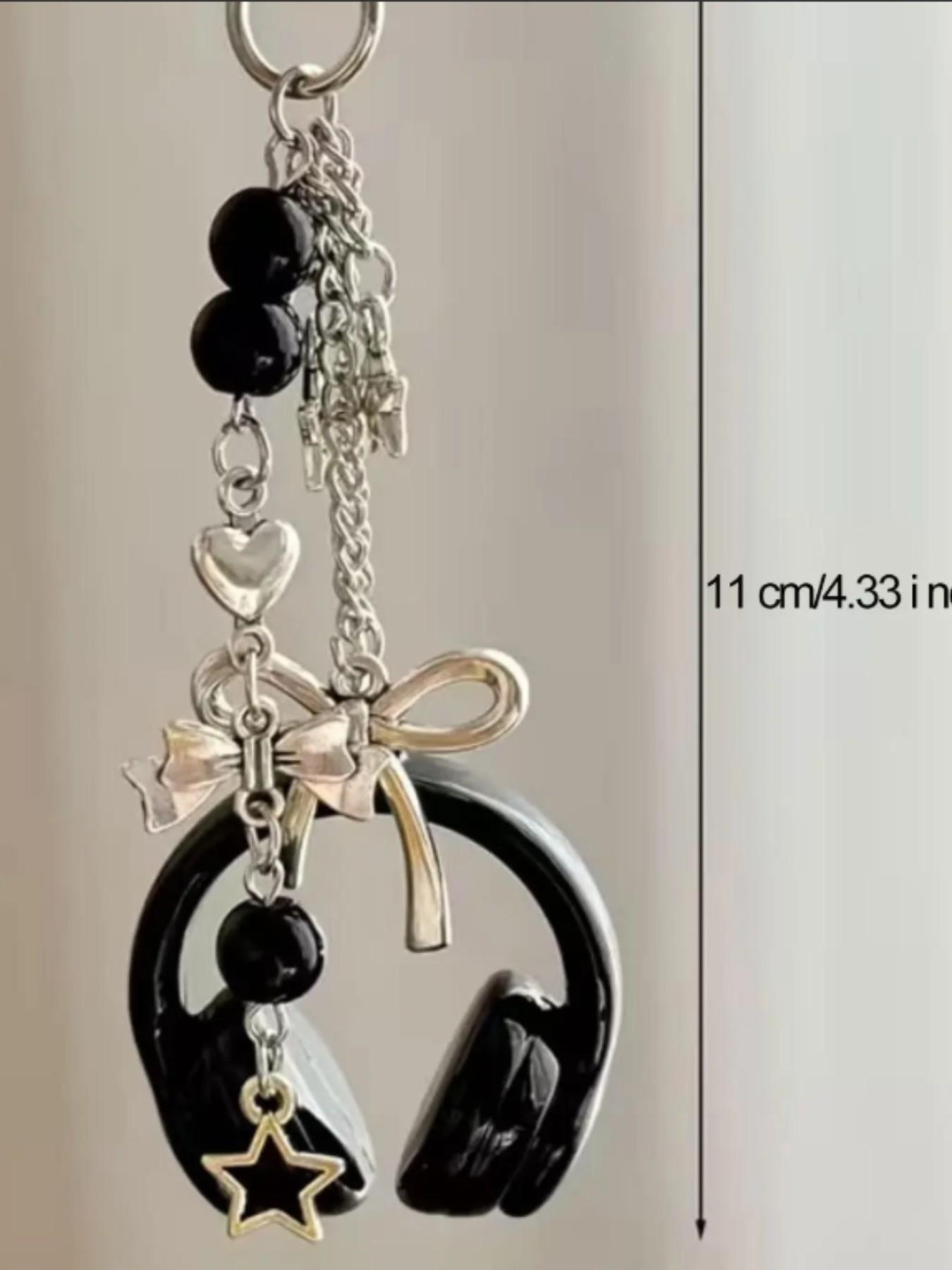 Cute Creative 3D Beaded Earphone Keychain Bag Charm, Headset Phone Strap Pendant,Music Headphone Keyring Bag Keychain Phone Chain Unisex Backpack Pendant Hanging Decoration Accessory,Ideal Gift for Friends/Besties/Family/Couple Black Silver Pink