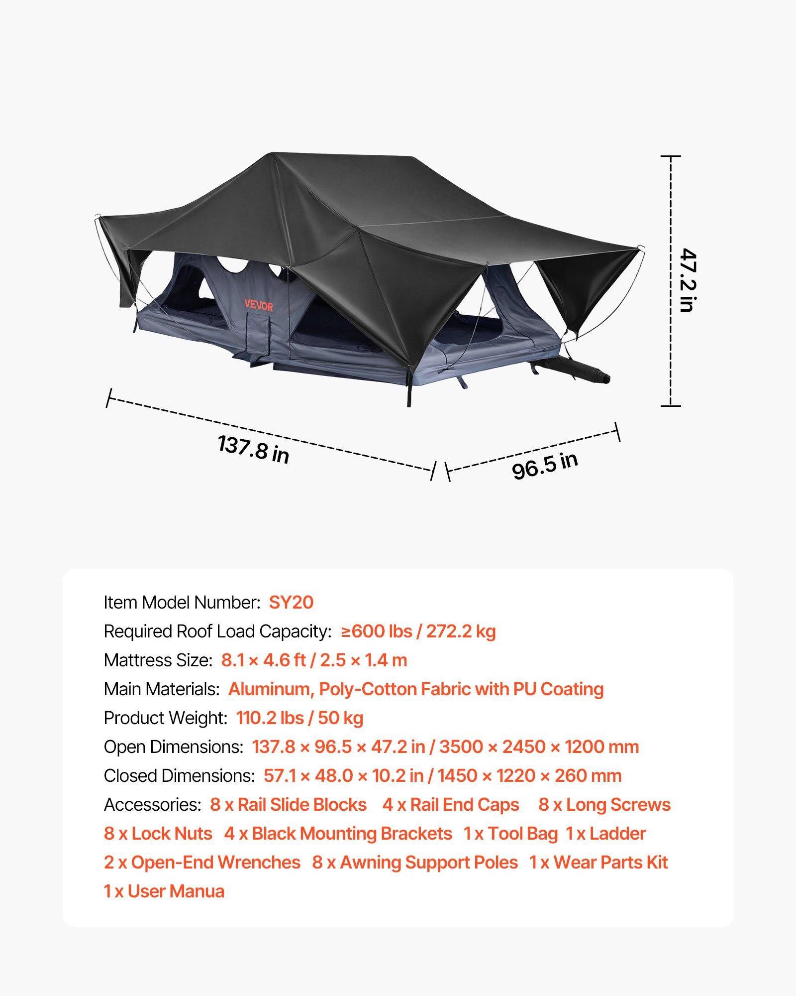 VEVOR Rooftop Tent, 2-3 Person Foldable Aluminum Roof Top Tent with Tri-Color LED Light, Thick Mattress 10 Windows, Waterproof Windproof Overland Camping Car Roof Rack Suitable for Jeep SUV Pickup