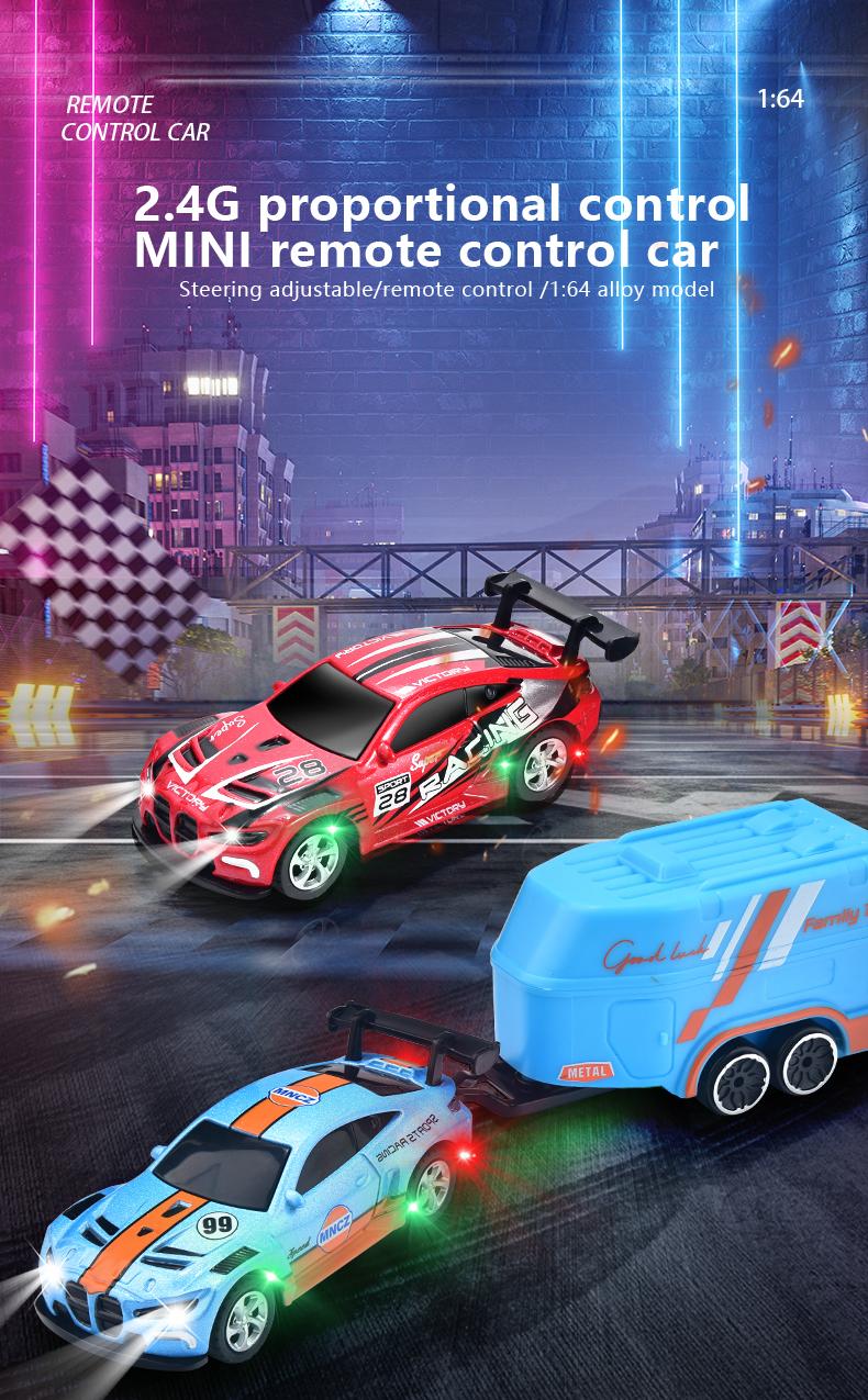 Hotfree 1/64 Mini RC Drift Car, Alloy M4 Racing Car with Trailer, 2.4GHz Remote & APP Control Truck, 3-Speed Modes, LED Lights, USB-C Charging, Indoor & Outdoor Toy, Birthday Christmas Gift for Kids & Adults