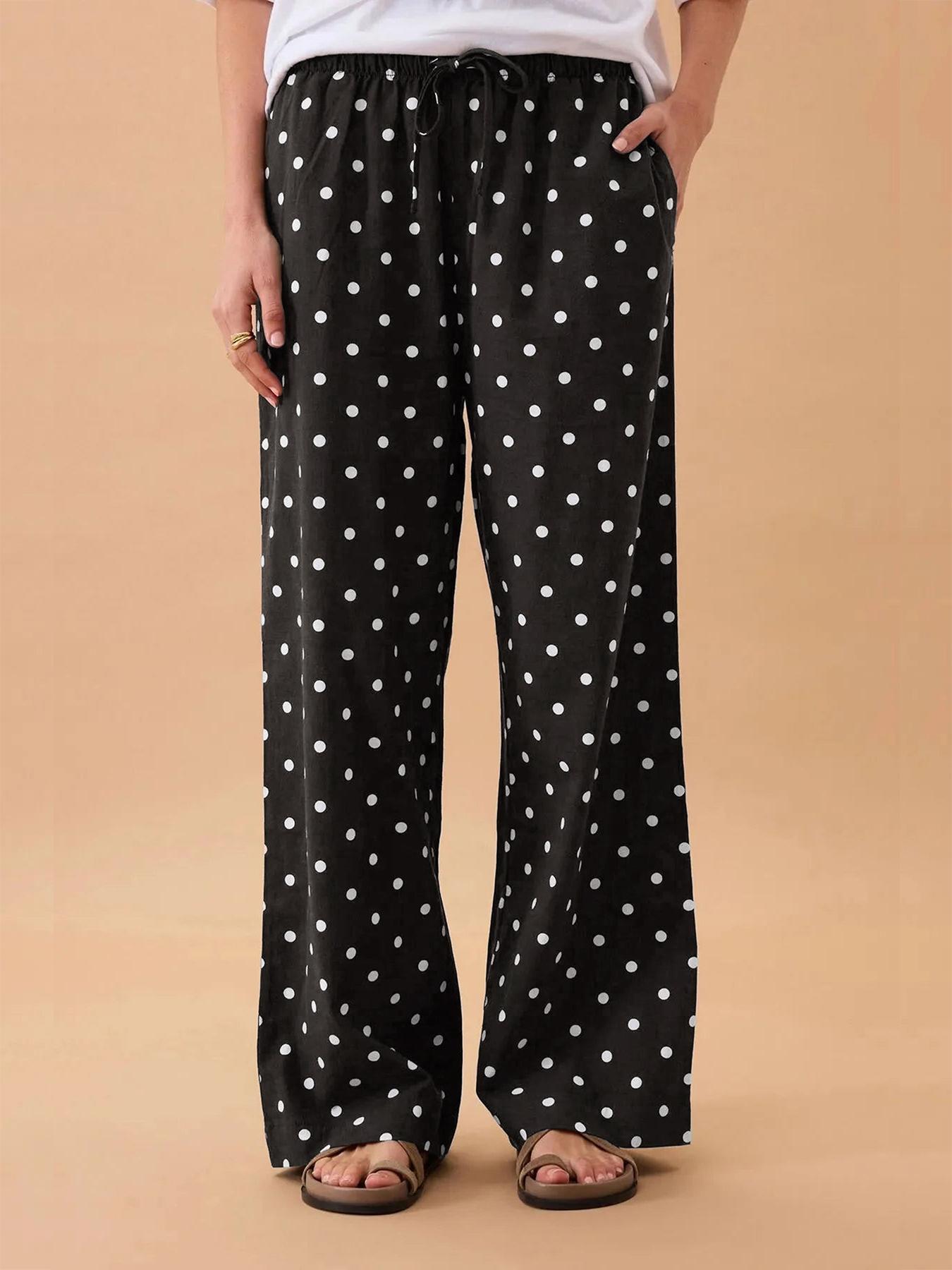 Women's Satin Polka Dot Wide Leg Pants, Casual Lounge Pants, Casual Loose Fit Drawstring Waist, Beach Travel Vacation Straight Leg Pockets, Casual Bohemian Trousers