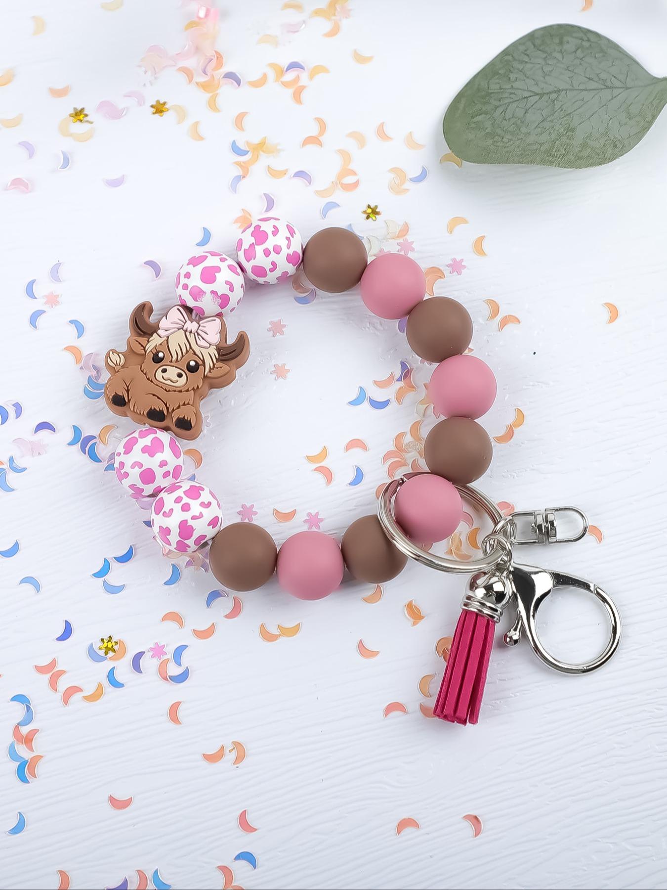 Cute Farm Style Beaded Wrist Keychain, Multiple Colors Available, Spot Pattern Beads with Bow Cow Design, Perfect Gift for Friends & Family
