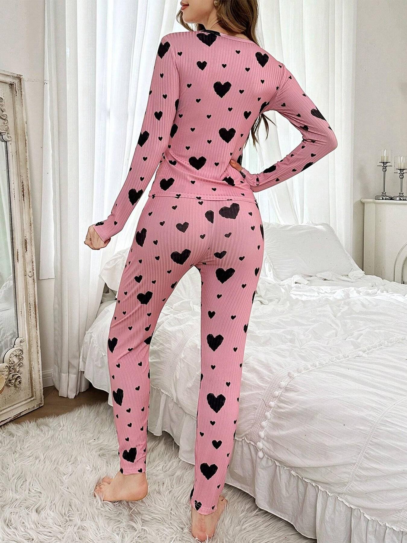 Women's Sleepwear Set, Casual Round Neck Long Sleeve Pants, Romantic Heart Print, Soft Elegant Comfortable, Wearable at Home