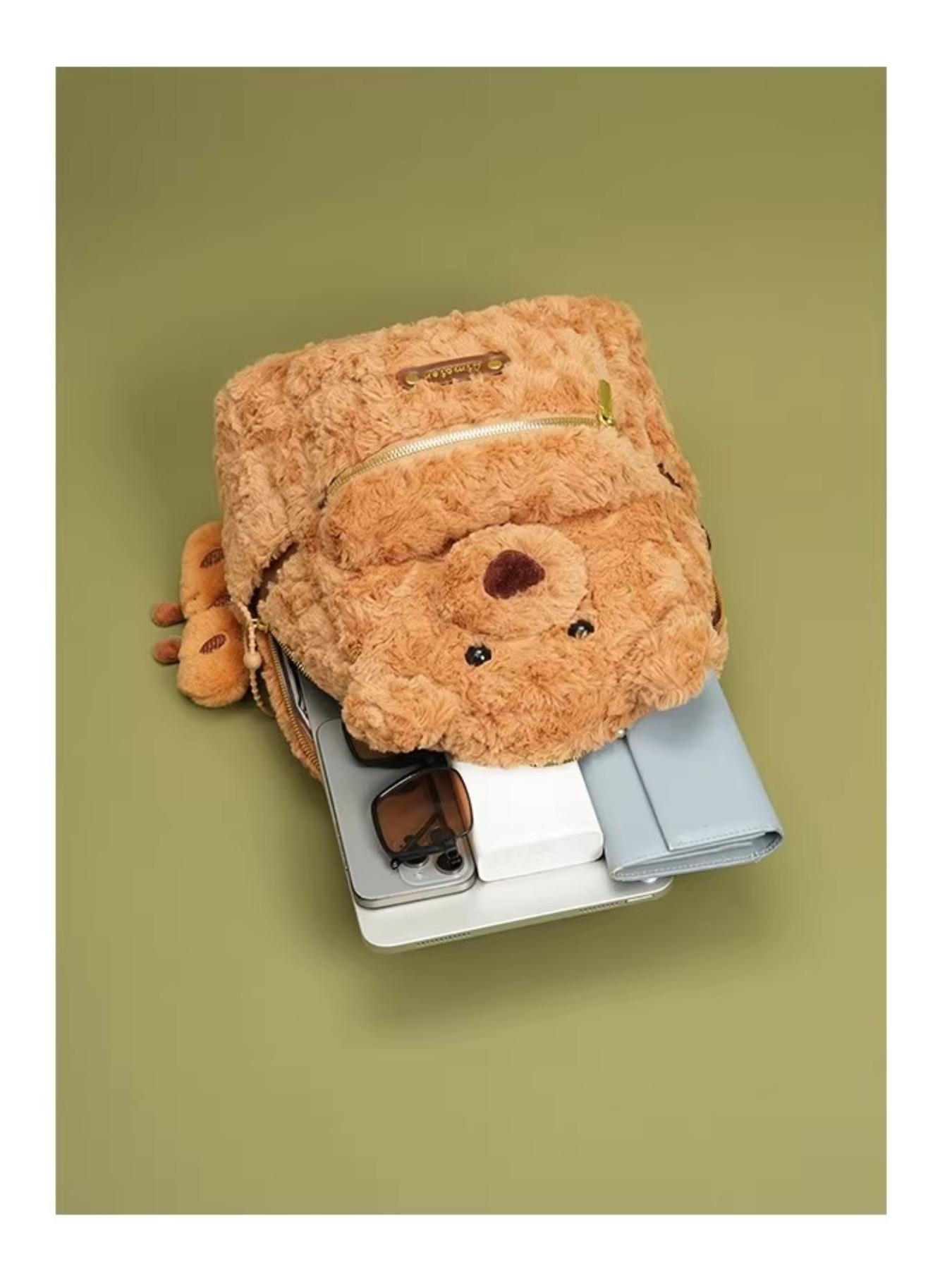 Teddy Bear Backpack - Cute and Playful Plush Shoulder Bag for Women | Mini Backpack with 3D Bear Face and Pom-pom Ornaments | Soft and Fluffy Crossbody Bag, Ideal for School, Outings and Daily Outfits | Viral Fashion Accessory on Douyin | Perfect Gift for