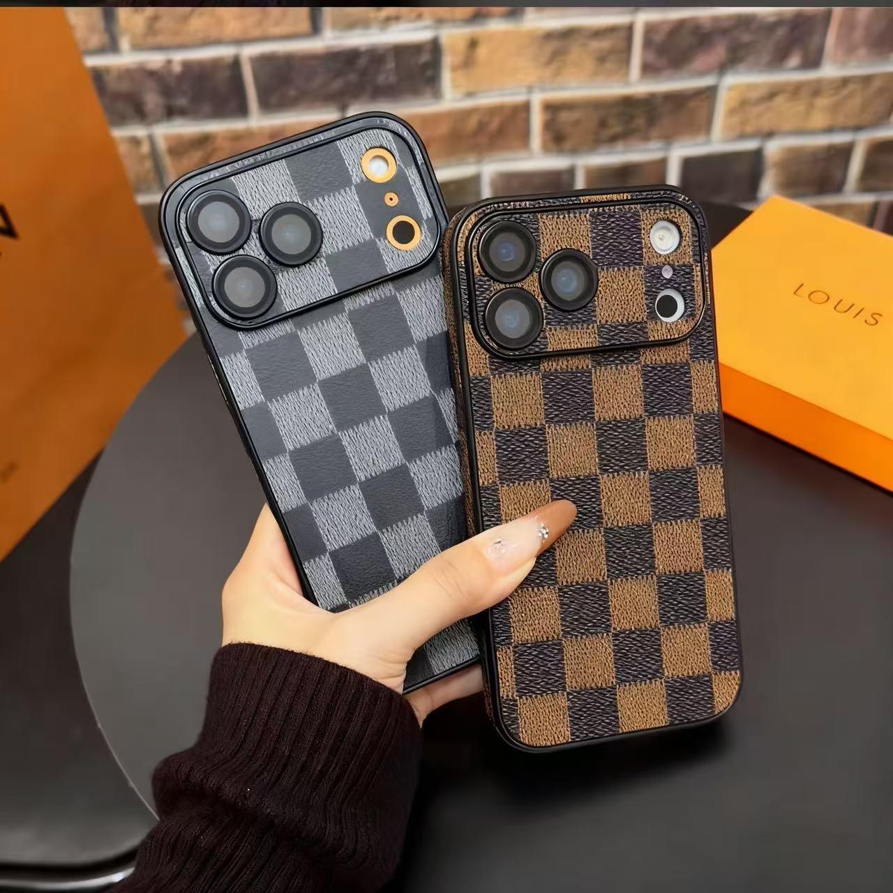 Luxury checkerboard phone case suitable for iPhone 17 Pro Max 16 15 14 13 Pro Max faux leather lens protection, streamlined design, precision molding, durable materials, technology enthusiasts, smartphone users