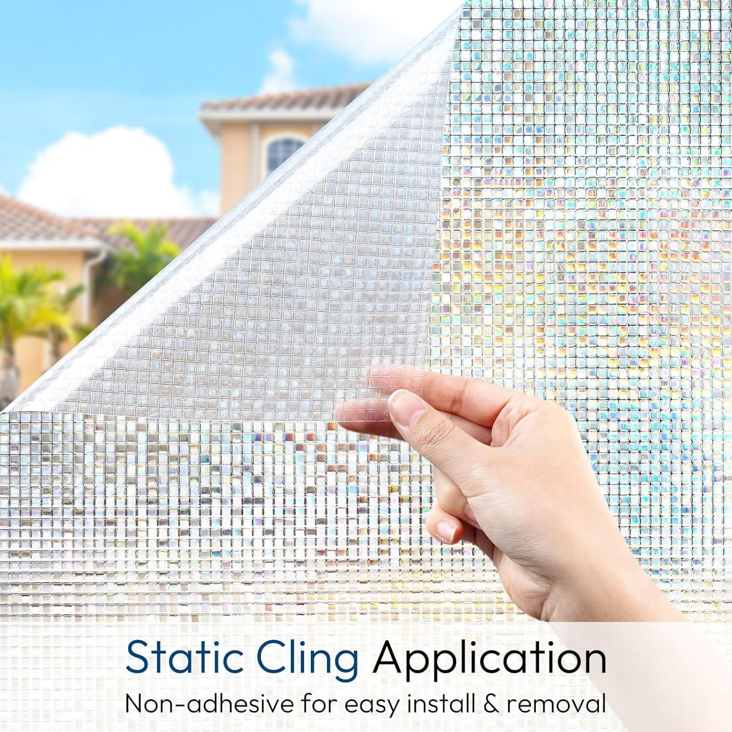 Window Privacy Film Stained Glass, Mosaic Rainbow Decorative Cling, Removable Static Tint, UV Blocking, Non-Adhesive for Home