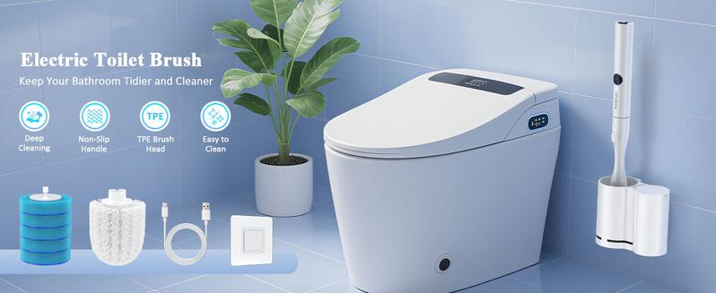 Electric Toilet Brush and Holder Set, Multi-function Toilet Bowl Cleaners with Solid Handle and Durable Bristles Easy Deep Cleaning for Bathroom,Rechargeable,5 Refills Disposable Cleaner Brush