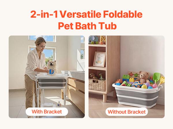 VEVOR Dog Bathtub, Elevated Dog Bath Tub, 2 in 1 Collapsible Pet Bathing Grooming Wash Station, Portable Foldable Space-saving, Built-in Drain Outlet with Drain Hose for Small Pet Cat, Gray White