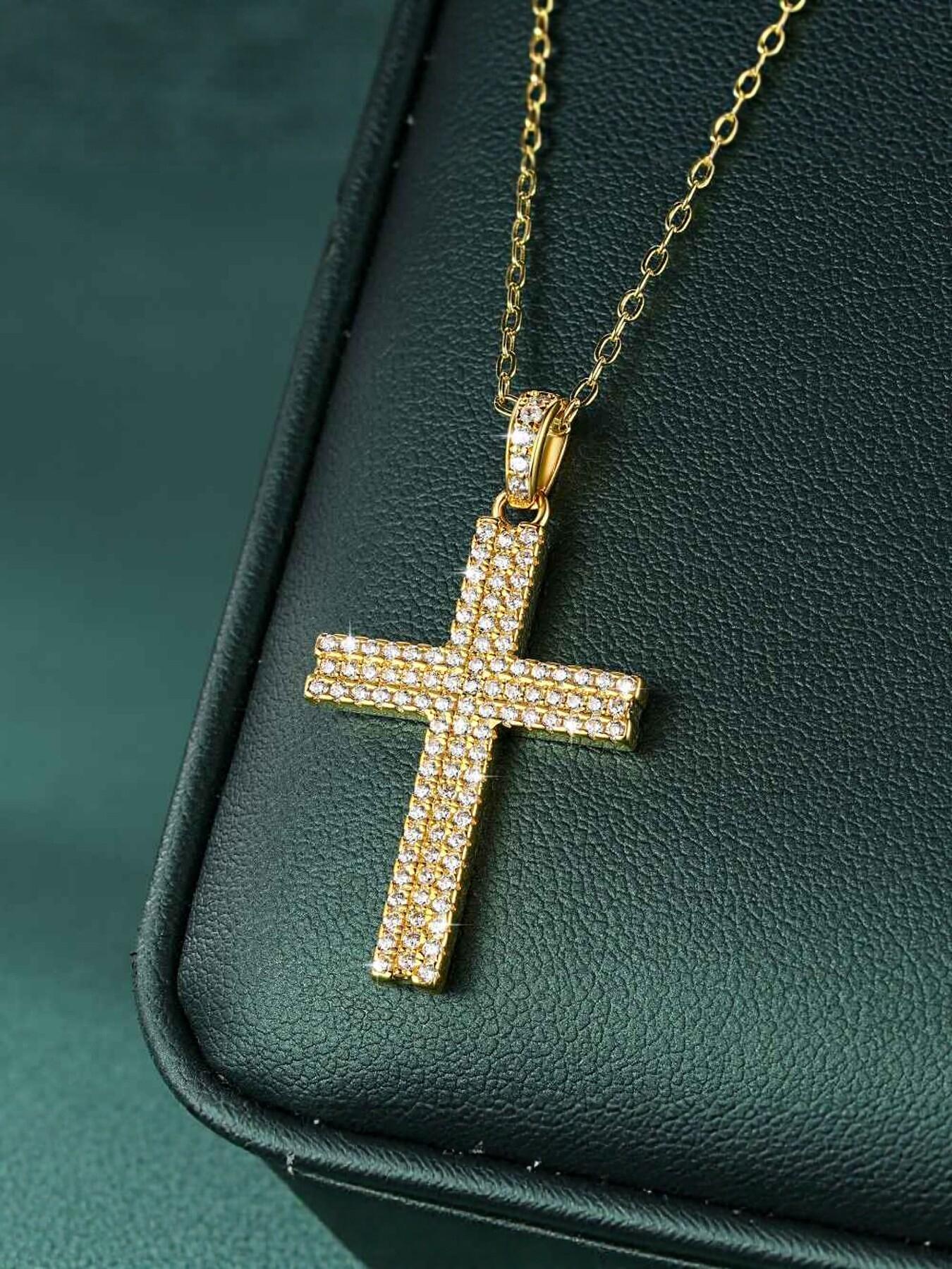 Double row diamond cross necklace, ice cut CZ diamond Christian cross pendant, 14K gold-plated hip-hop men's and women's religious jewelry, baptism confirmation gift