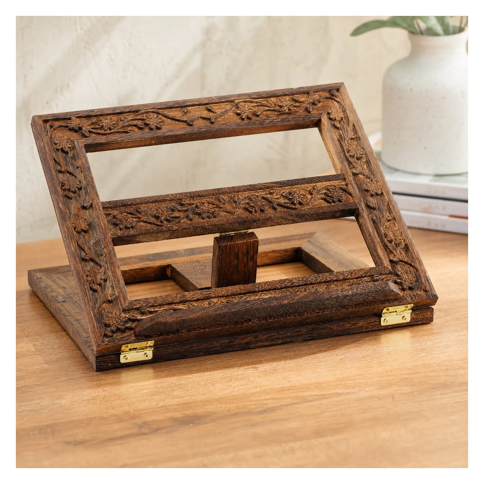 Adjustable Carved Wooden Bible Stand, Folding Book & Missal Holder for Reading and Prayer, Dark Brown, 12.99 x 10.04 InchesGift