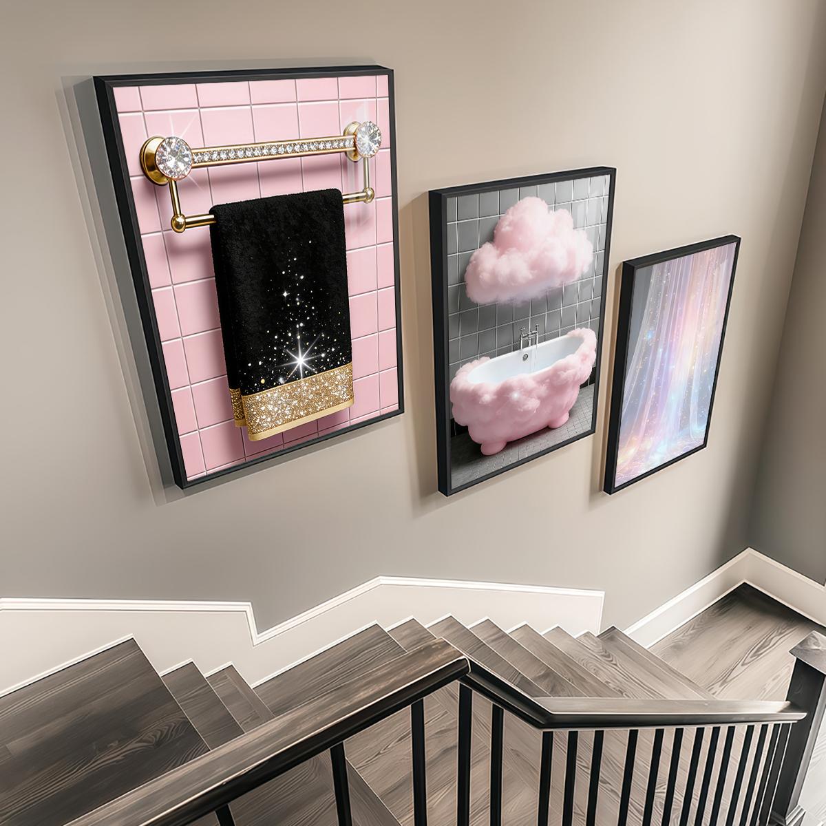 3 Counts Aluminum Alloy Framed Painting, Sparkling Bathroom Luxury Cloud And Curtain Art Pictures, Home Decoration For Living Room, Bedroom, Office, Restaurant, Hallway Wall Decor, Odorless Print Artwork, Luxury Perfect Gift For Friends And Family