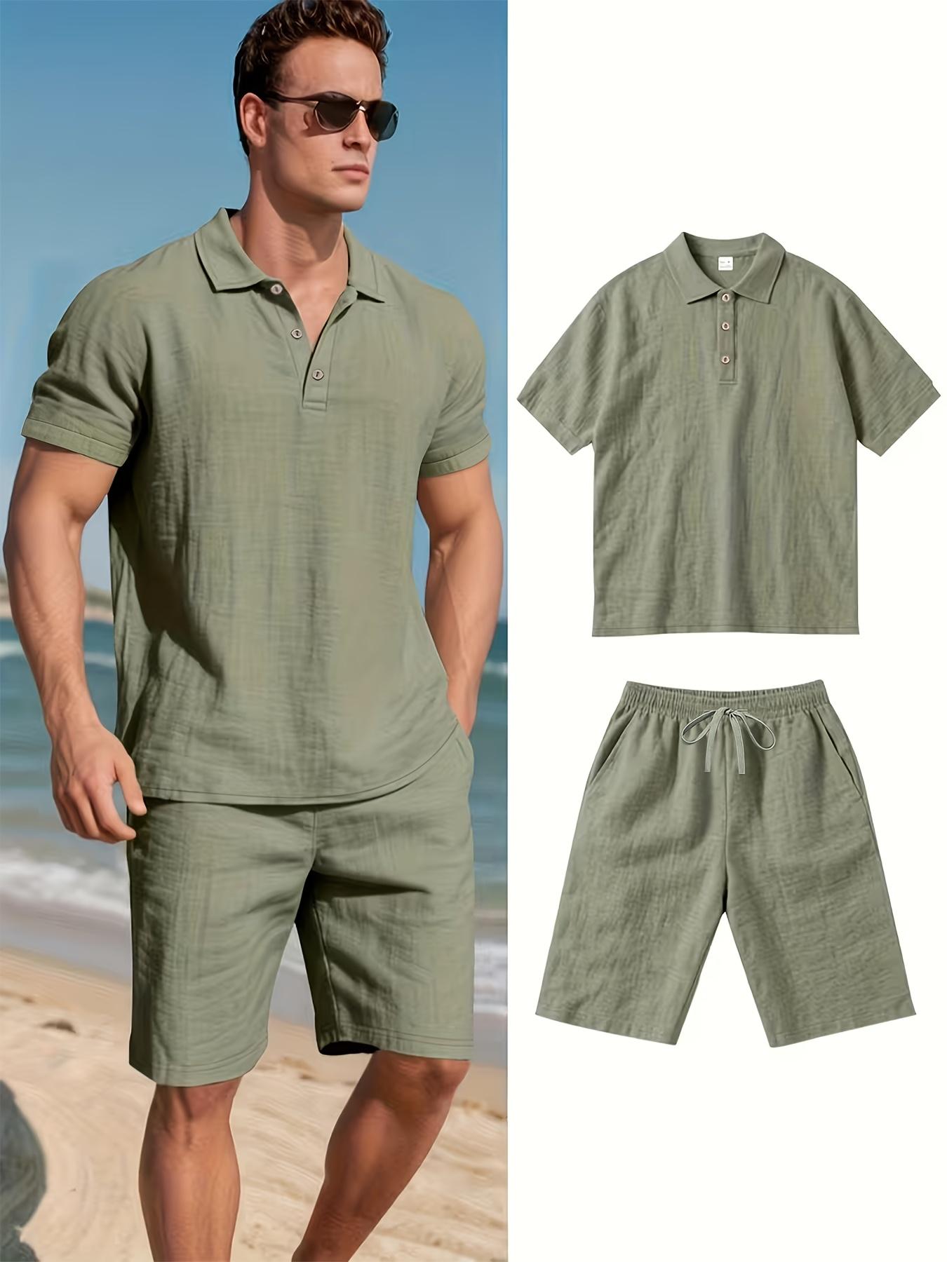 Men's 2-Piece Classic Linen Fabric Polo Shirt & Shorts Set, Short-Sleeve Quick-Dry Breathable Casual Outdoor Evening Clothes, Plain Menswear Outfit