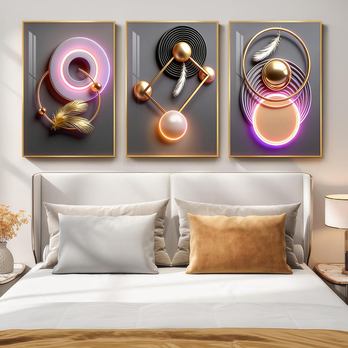 3 Counts Aluminum Alloy Framed Painting, Modern Geometric Feather Art Pictures, Home Decoration For Living Room, Bedroom, Office, Restaurant, Hallway Wall Decor, Odorless Print Artwork, Luxury Perfect Gift For Friends And Family