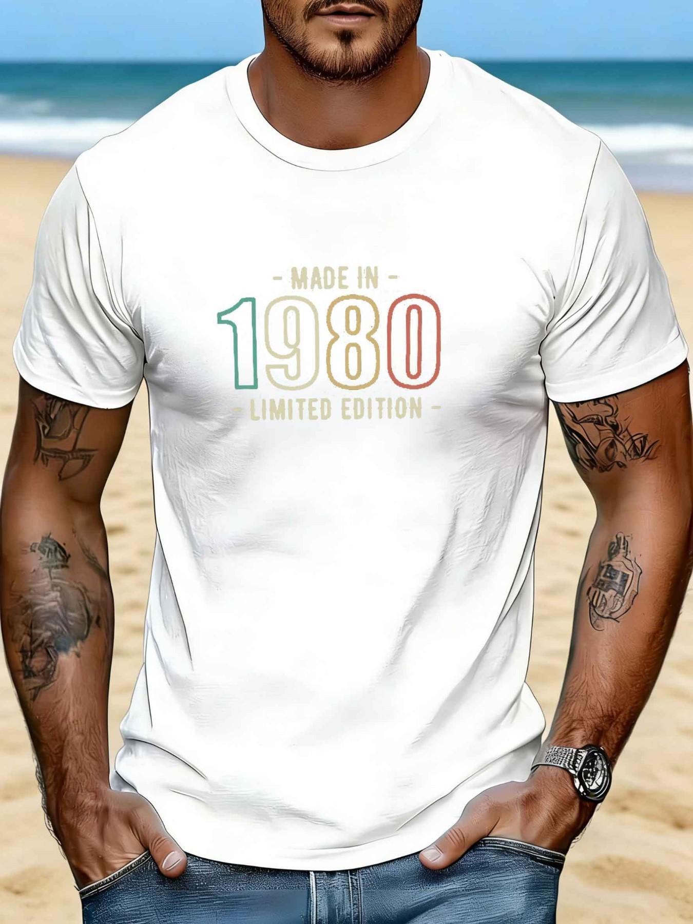 Men's 1980s Limited Edition Summer Casual Round Neck Short Sleeve T-Shirt, Fitted Long Tee with Print Pattern, Perfect for Daily Wear