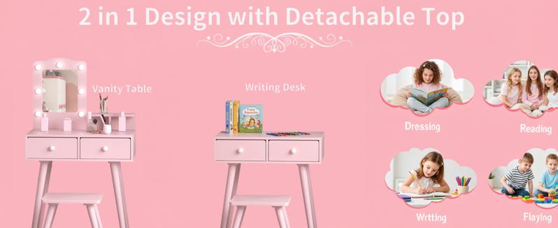 Kids Vanity Set and Mirror, Wooden Pretend Play Vanity Table and Chair Set for Girls with Stool, Drawer, Princess Makeup Dress-Up Toy for Toddlers 3+Year Old