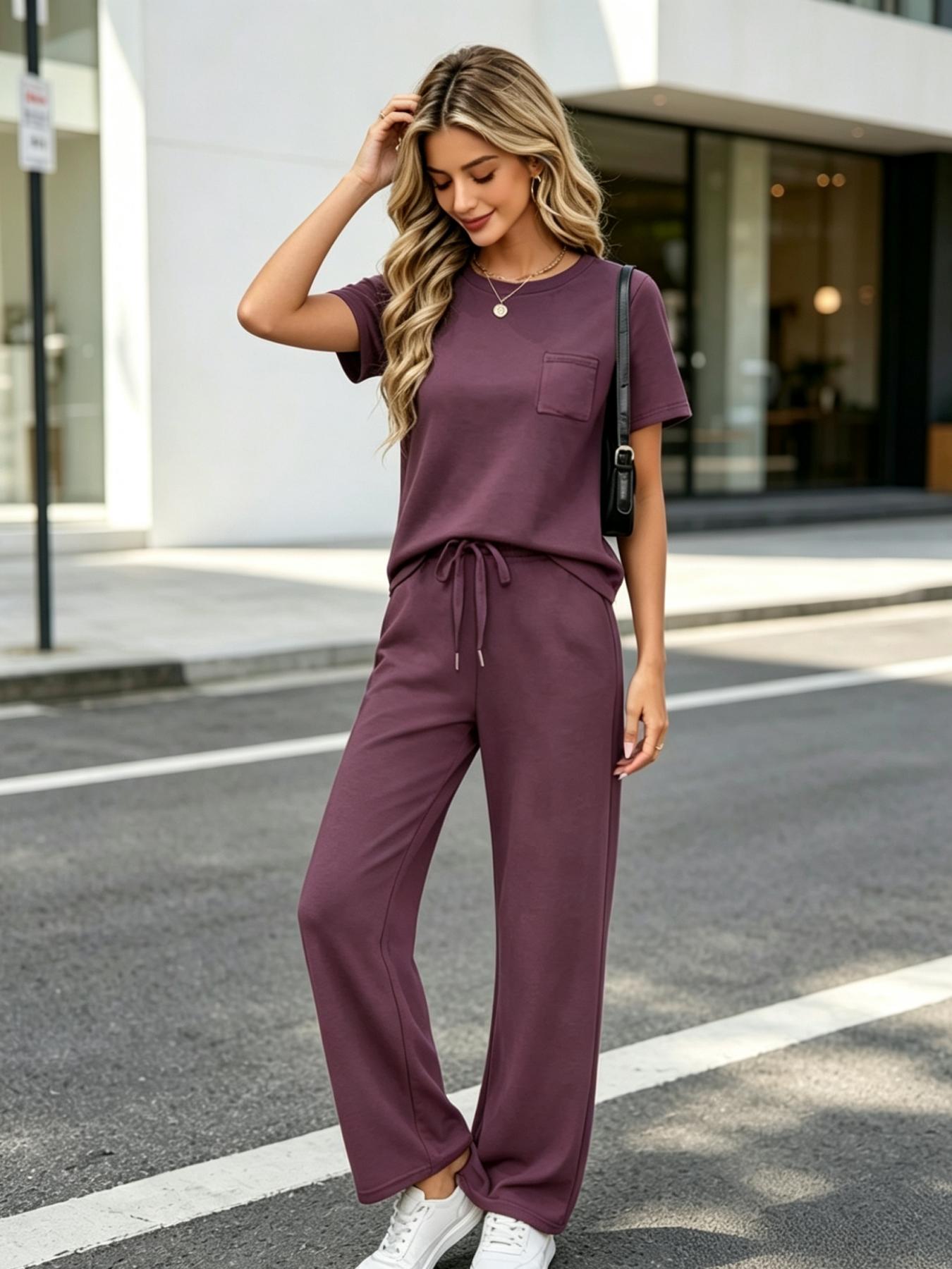 Women's Fashion Solid Color Casual Round Neck Pocket T-Shirt + Drawstring Wide Leg Pants Set Loose Fit Slimming Wide Leg Pants Two-Piece Set Suitable for Summer Commuting to Work Shopping Outings Indoor and Outdoor Wear