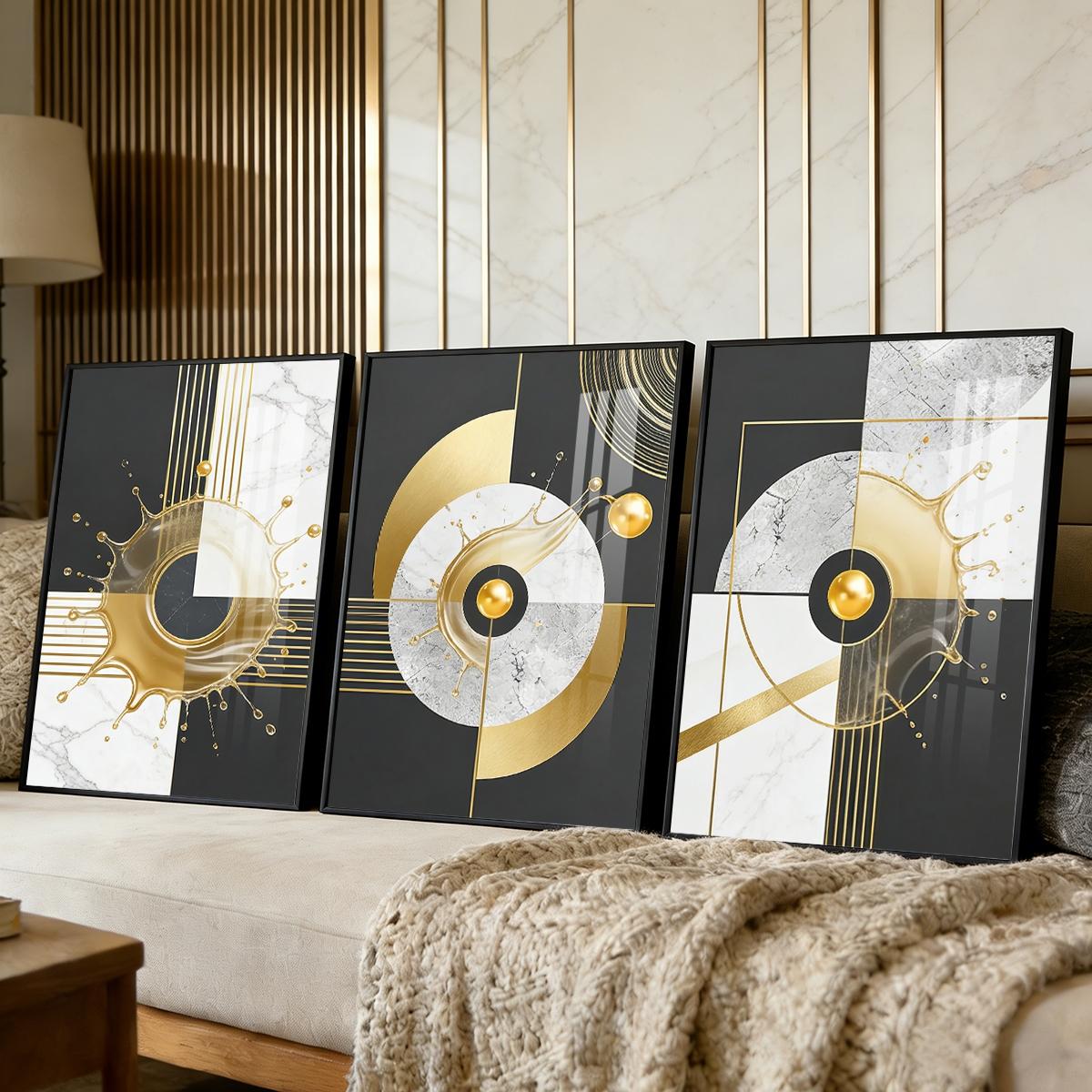 3 Counts Aluminum Alloy Framed Painting, Abstract Golden Splash Geometric Art Pictures, Home Decoration For Living Room, Bedroom, Office, Restaurant, Hallway Wall Decor, Odorless Print Artwork, Luxury Perfect Gift For Friends And Family