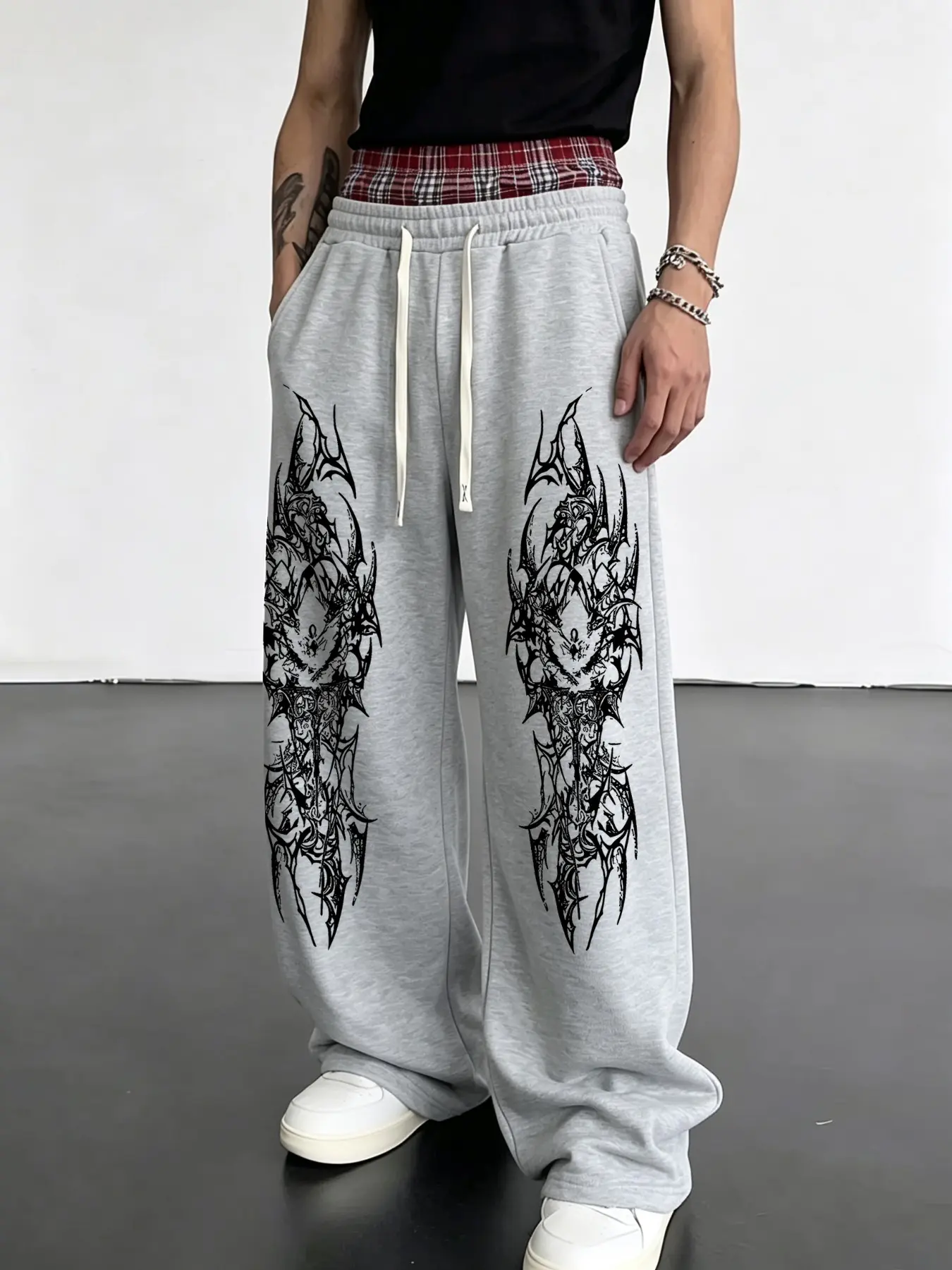 Unisex Wide Leg Sweatpants, Oversized, Plaid Layer Waist Gothic Totem Graphic Casual Pants, Y2K Dark Streetwear Trousers, boyfriend gifts, mens fashion, mens holiday outfits