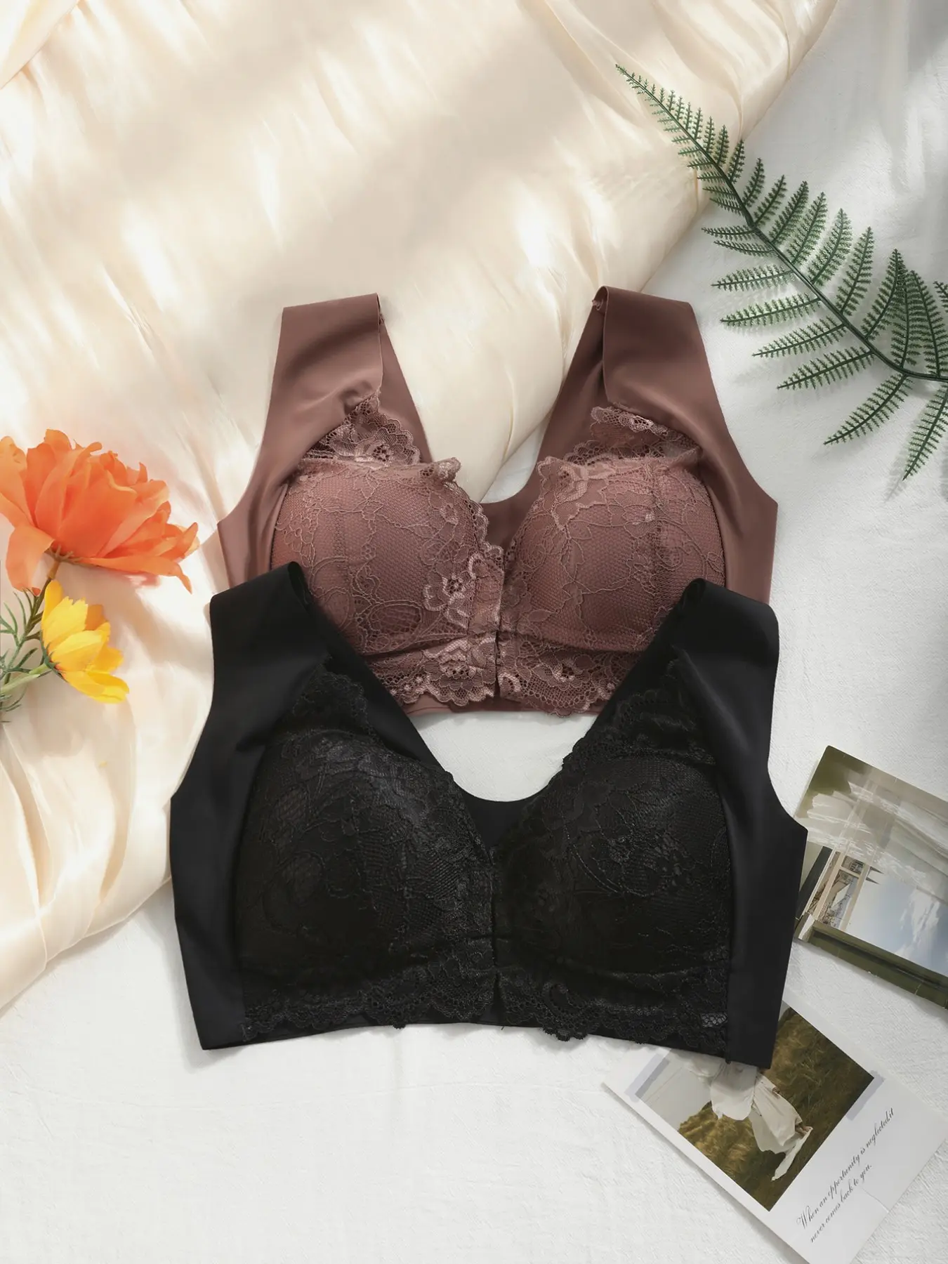 Two-Pack Elegant Minimalist Front Buckle Lace Bralettes, Lightweight Breathable, Full Coverage, Max Support, Comfortable Daily Wear