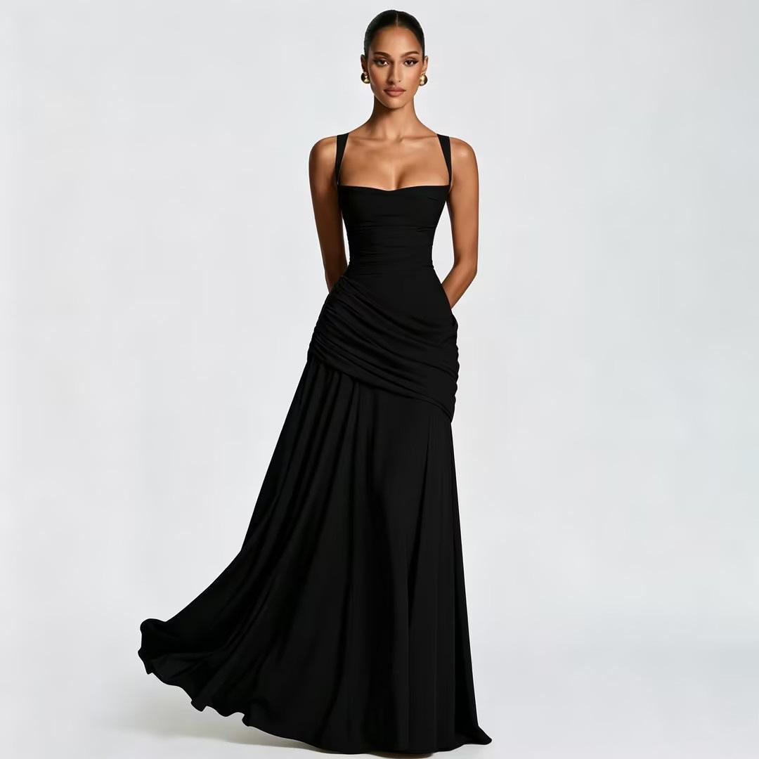 Women's 2026 Spring Summer Sleeveless Solid Color Cinched Waist Flared Formal Dress, European American Elegant Cocktail Party Evening Dress